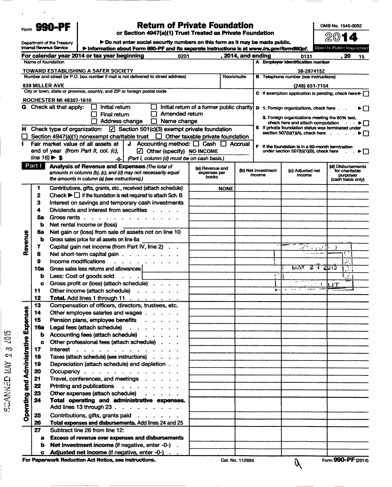 Image of first page of 2014 Form 990PF for Toward Establishing A Safer Society