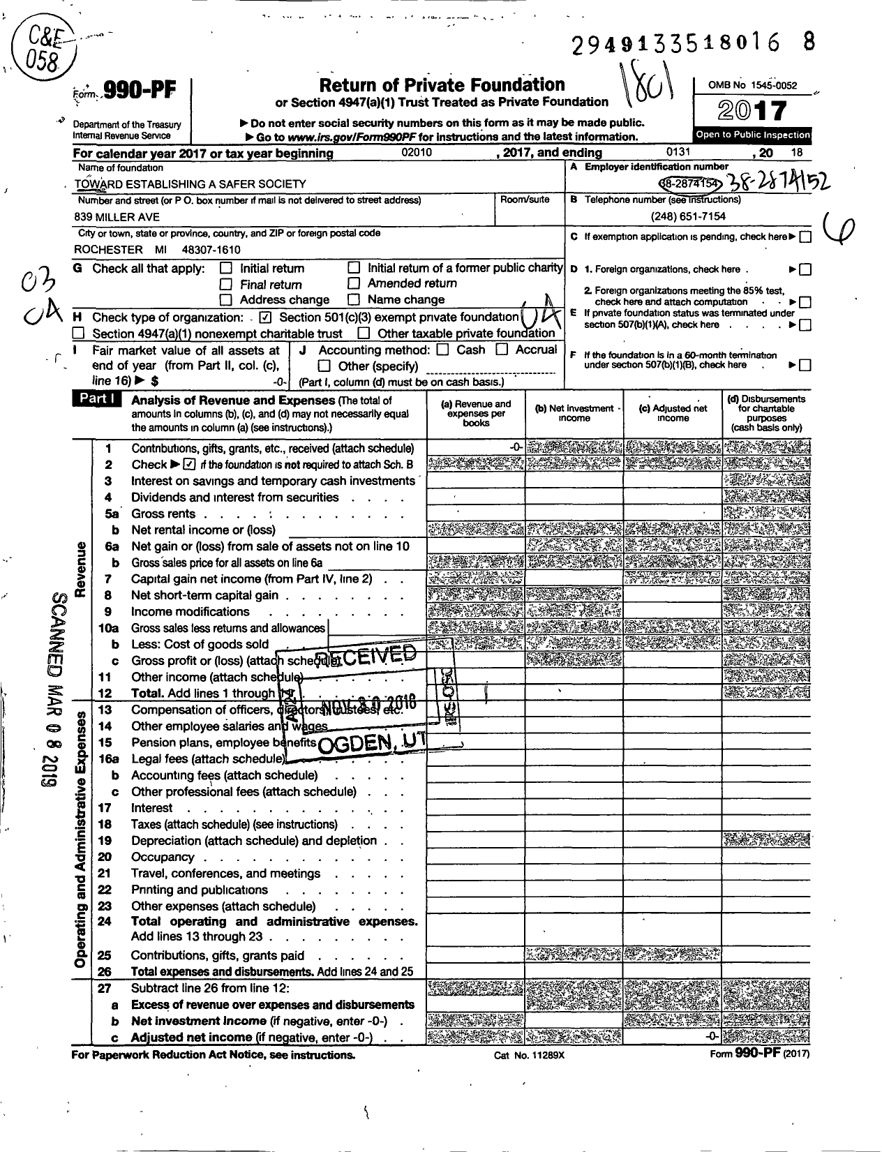 Image of first page of 2017 Form 990PF for Toward Establishing A Safer Society