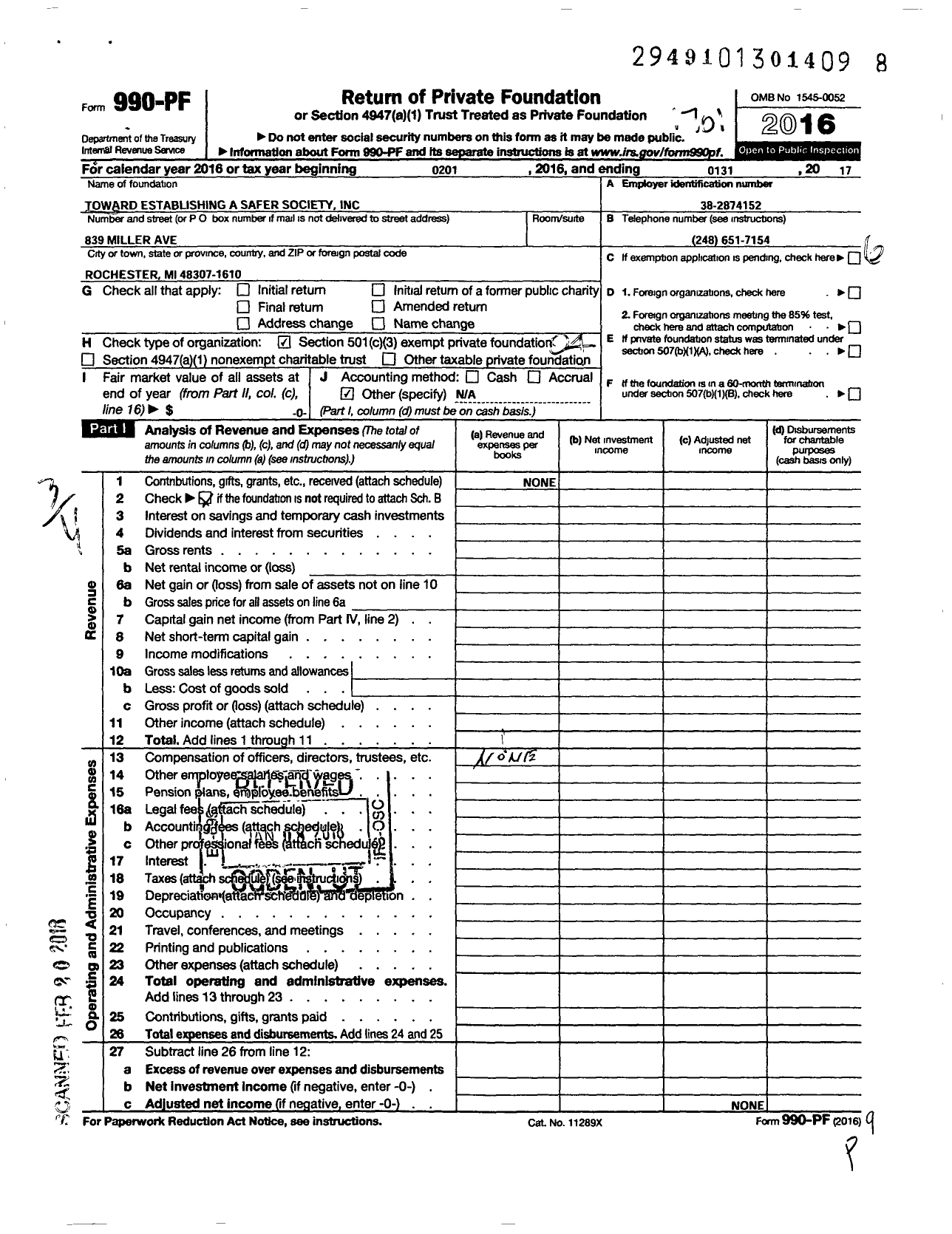 Image of first page of 2016 Form 990PF for Toward Establishing A Safer Society