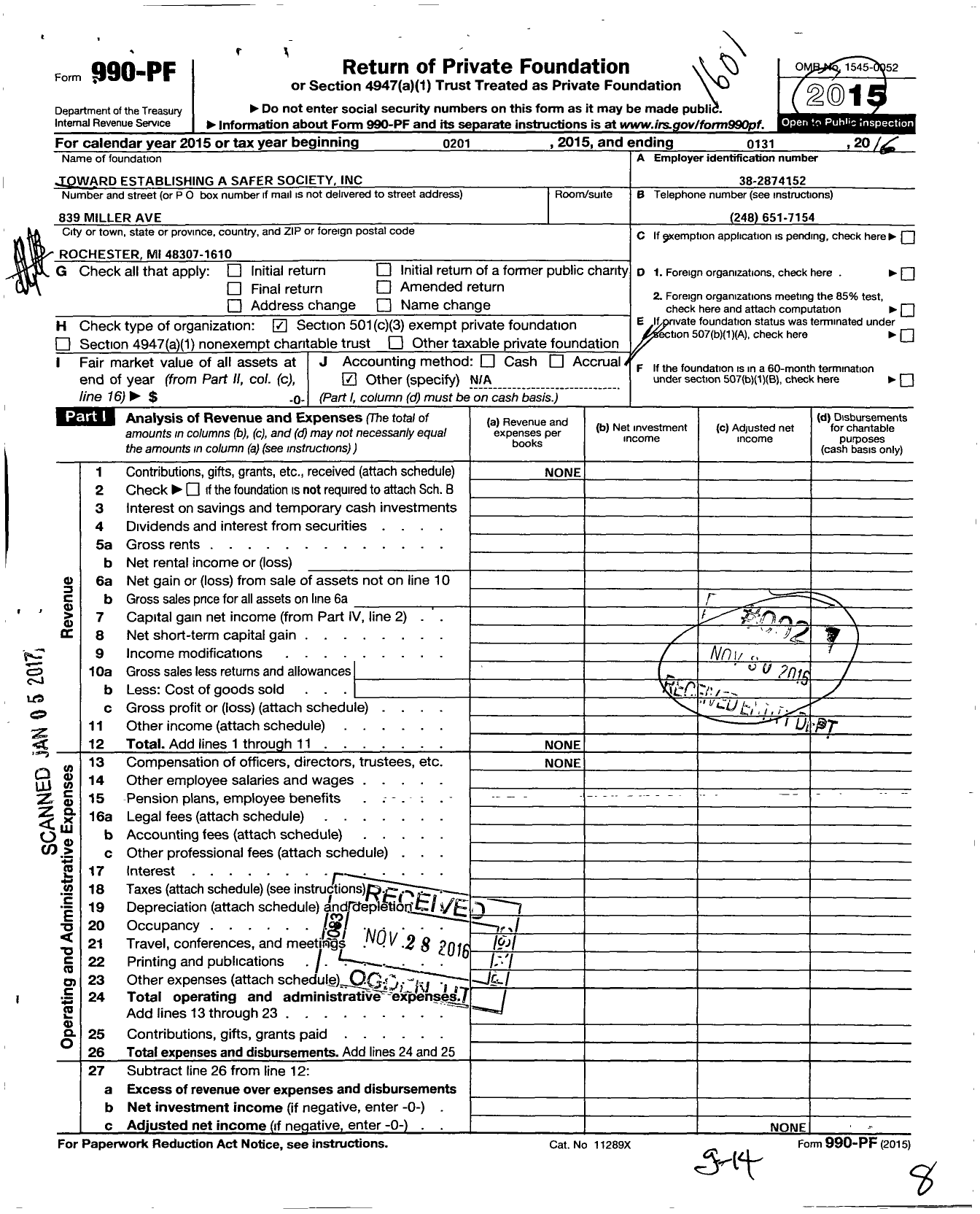 Image of first page of 2015 Form 990PF for Toward Establishing A Safer Society