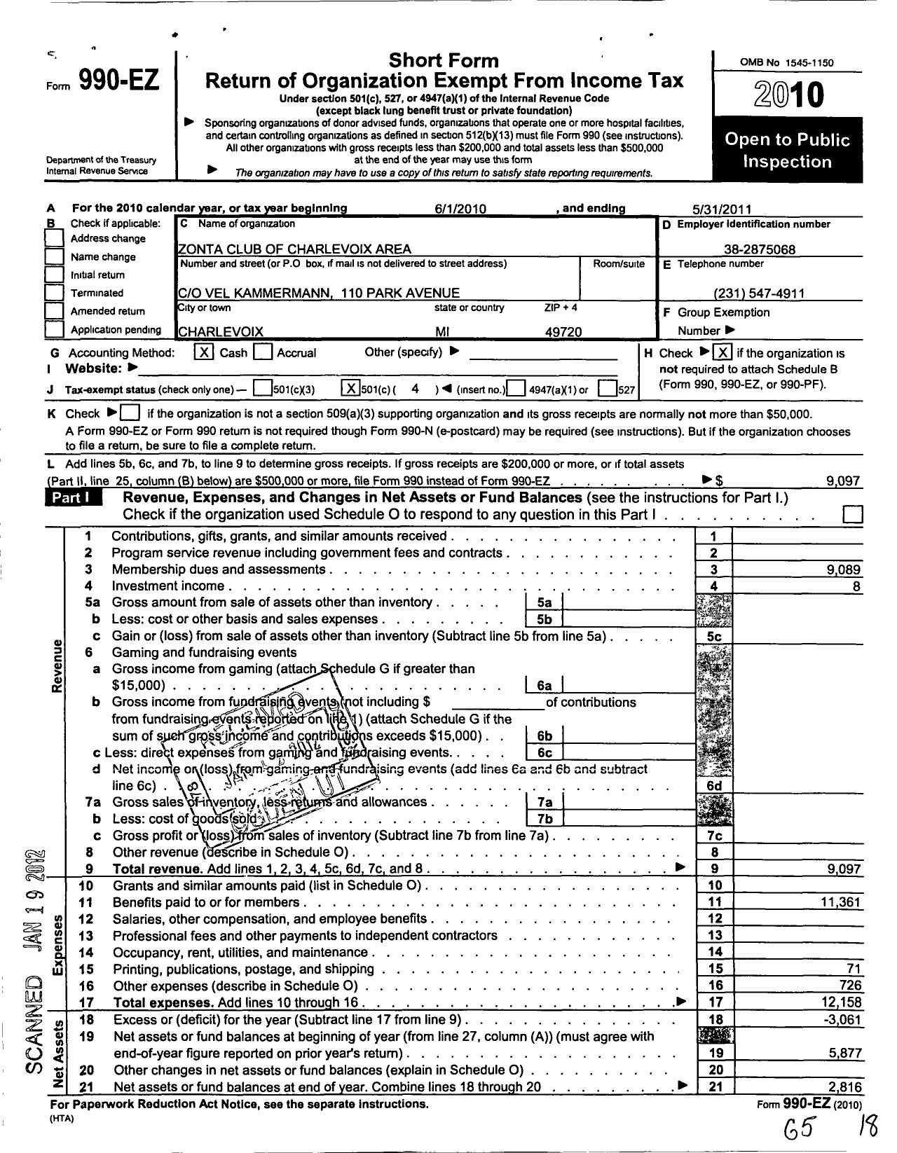 Image of first page of 2010 Form 990EO for Zonta International / Charlevoix Area