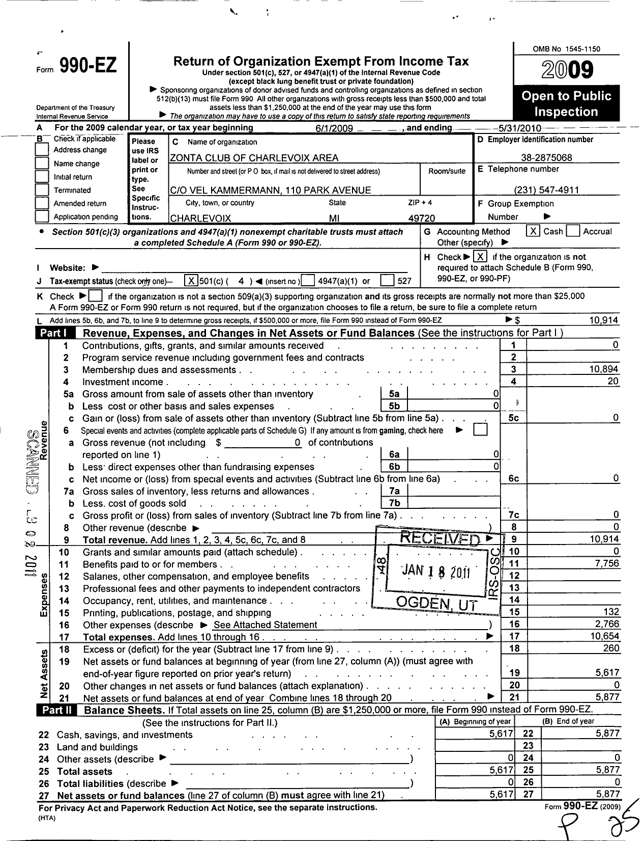 Image of first page of 2009 Form 990EO for Zonta International / Charlevoix Area