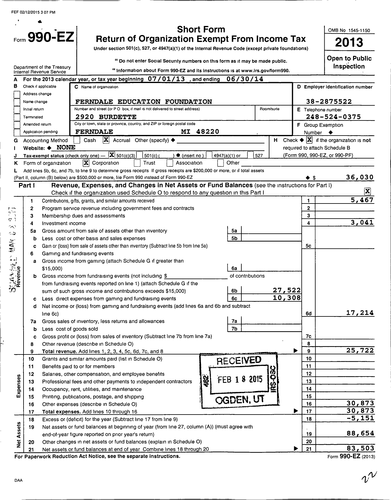 Image of first page of 2013 Form 990EZ for Ferndale Education Foundation