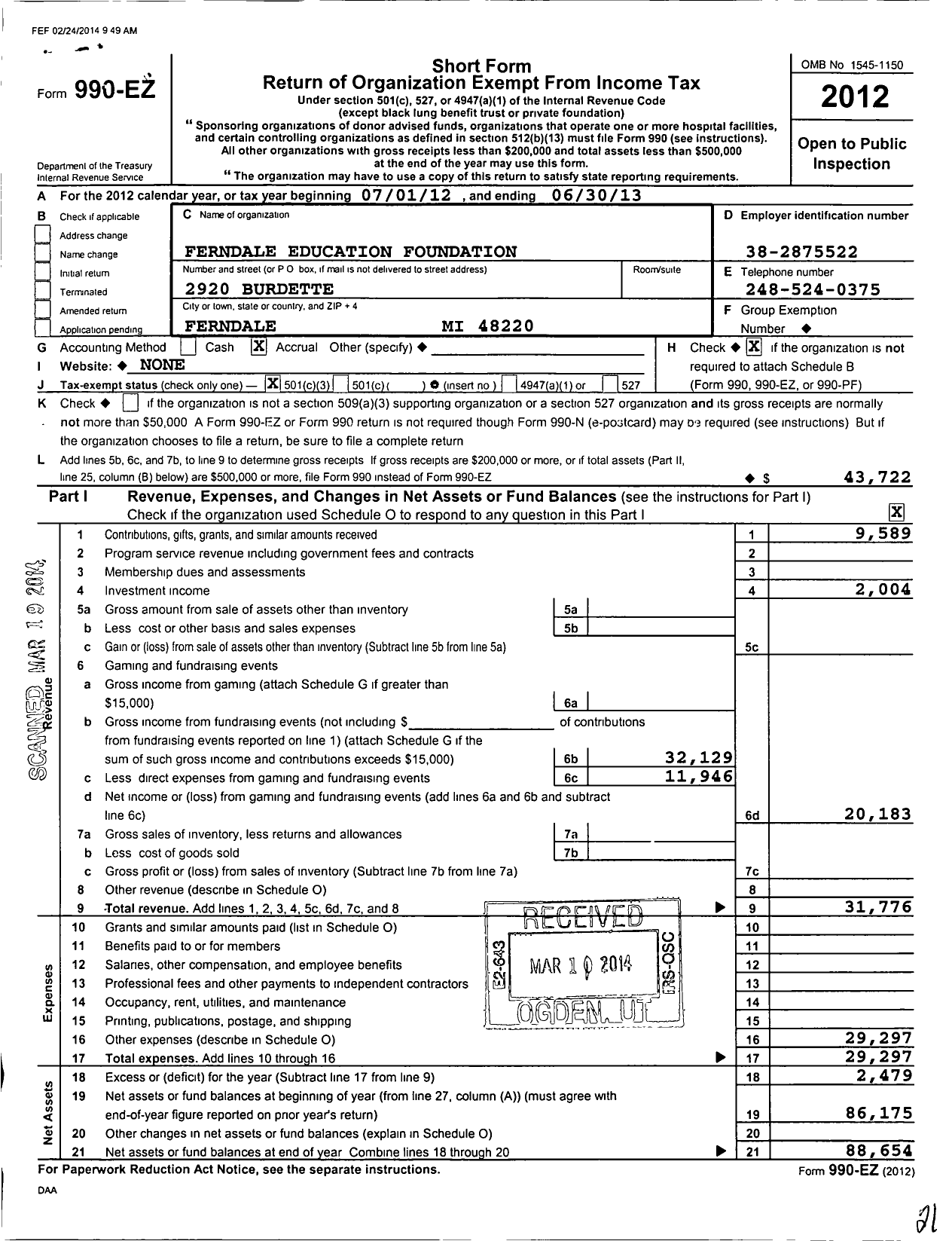 Image of first page of 2012 Form 990EZ for Ferndale Education Foundation