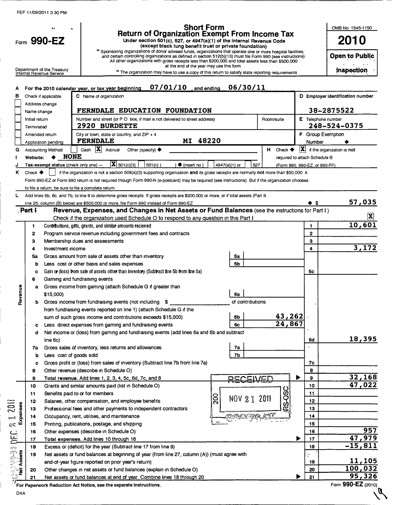 Image of first page of 2010 Form 990EZ for Ferndale Education Foundation