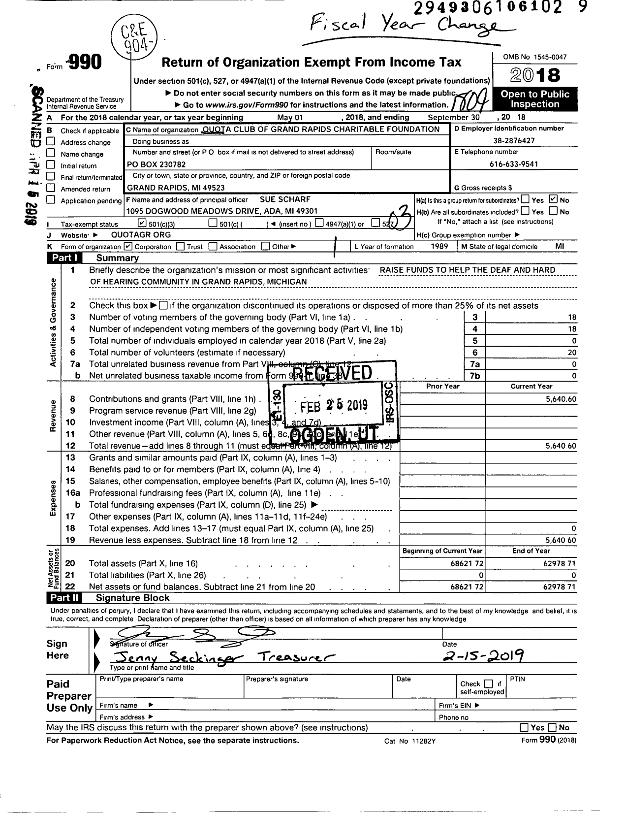Image of first page of 2017 Form 990 for Quota Club of Grand Rapids Charitable Foundation