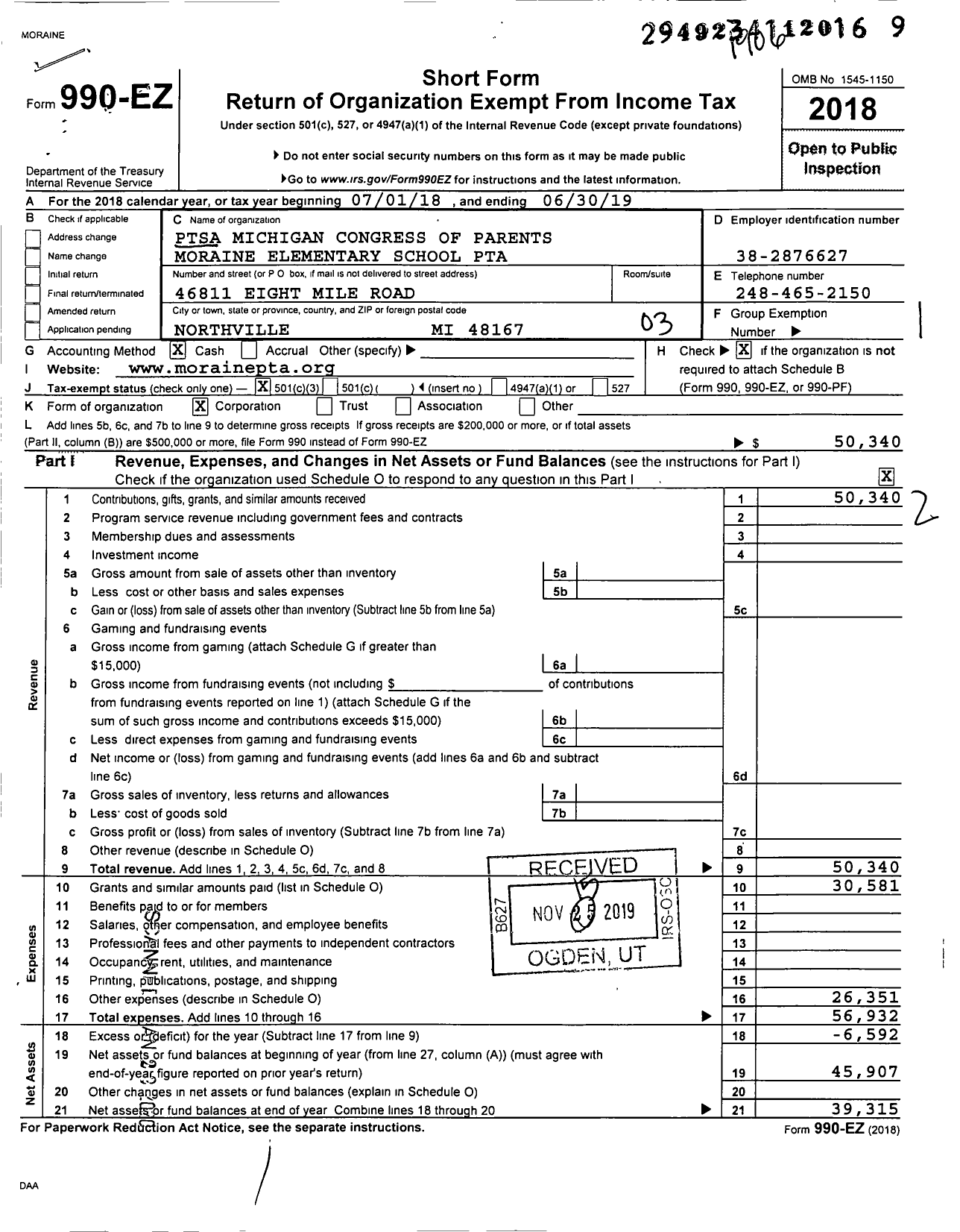 Image of first page of 2018 Form 990EZ for PTsA MICHIGAN CONGRESS OF PARENTS moraine elementary school pta