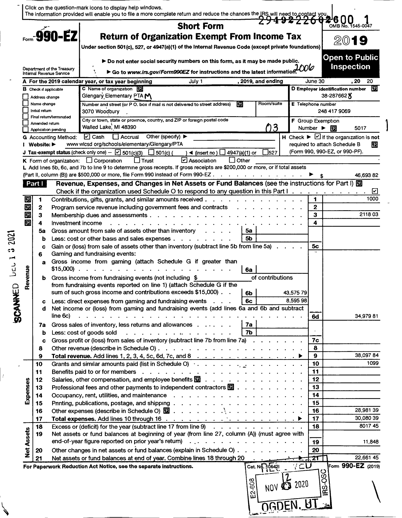 Image of first page of 2019 Form 990EZ for Ptsa Michigan Congress of Parents Teachers and Students / Glengary Elementary School PTA