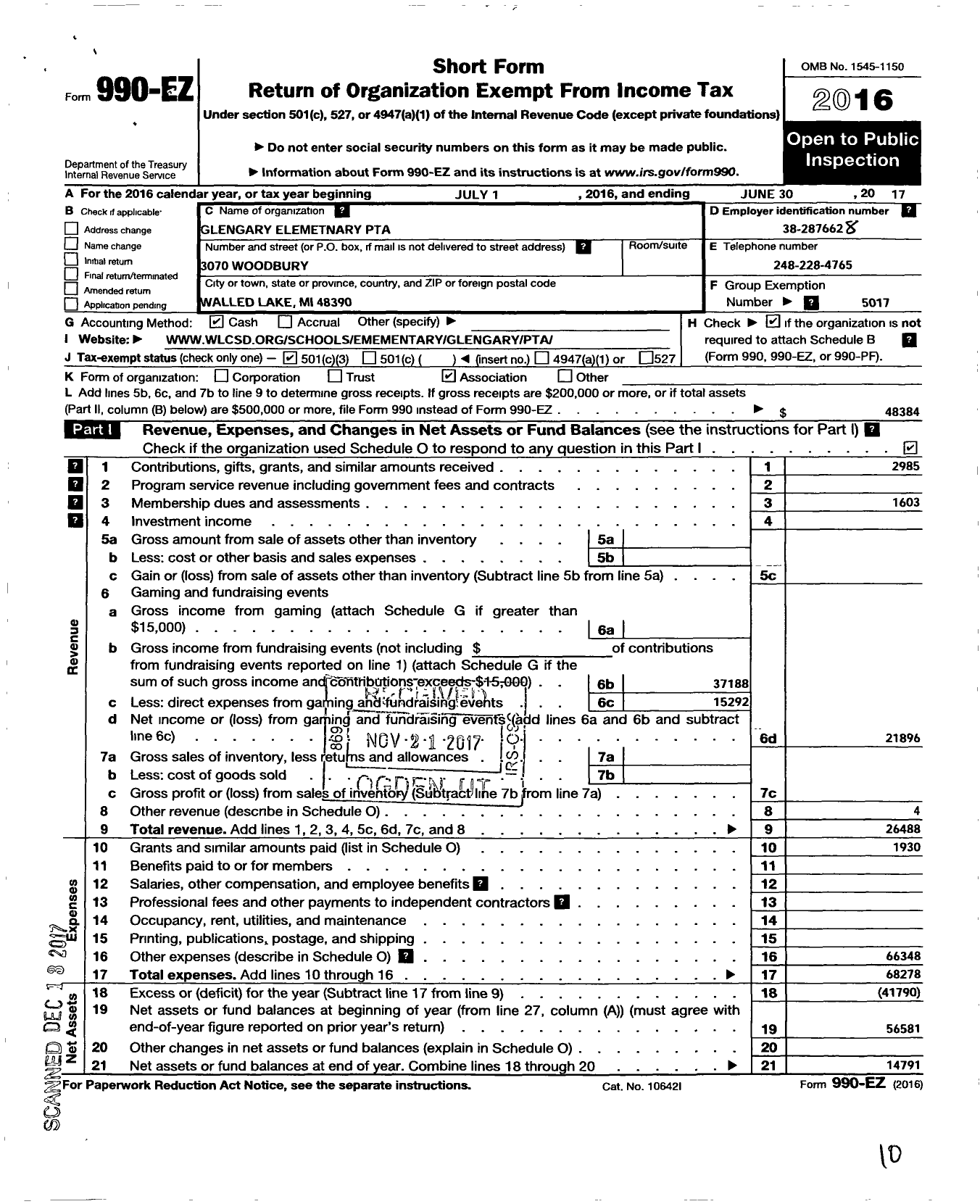 Image of first page of 2016 Form 990EZ for Ptsa Michigan Congress of Parents Teachers and Students / Glengary Elementary School PTA