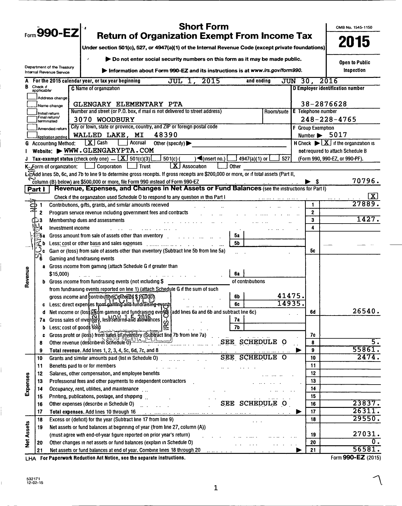 Image of first page of 2015 Form 990EZ for Ptsa Michigan Congress of Parents Teachers and Students / Glengary Elementary School PTA