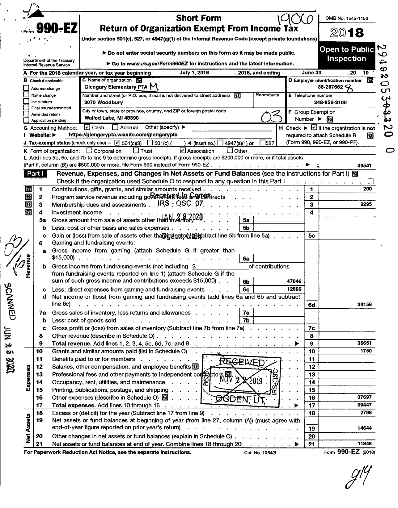 Image of first page of 2018 Form 990EZ for Ptsa Michigan Congress of Parents Teachers and Students / Glengary Elementary School PTA