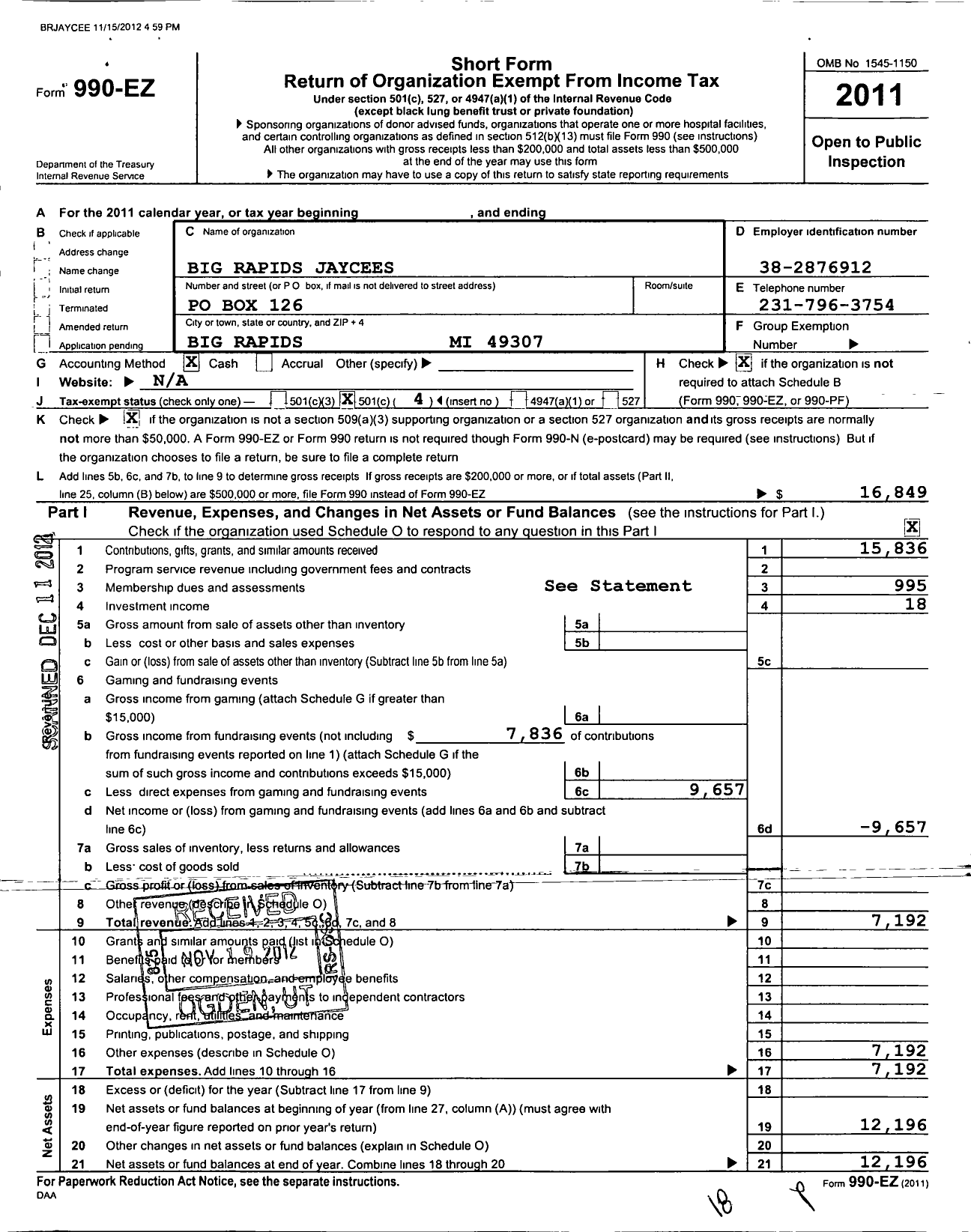 Image of first page of 2011 Form 990EO for United States Junior Chamber of Commerce / The Big Rapids Jaycees