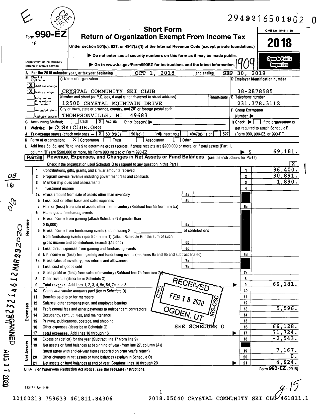 Image of first page of 2018 Form 990EZ for Crystal Community Ski Club