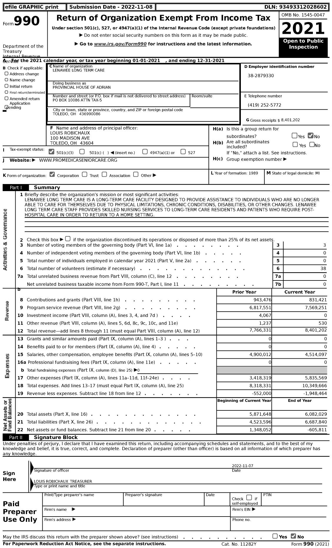 Image of first page of 2021 Form 990 for Lenawee Medical Care Facilty