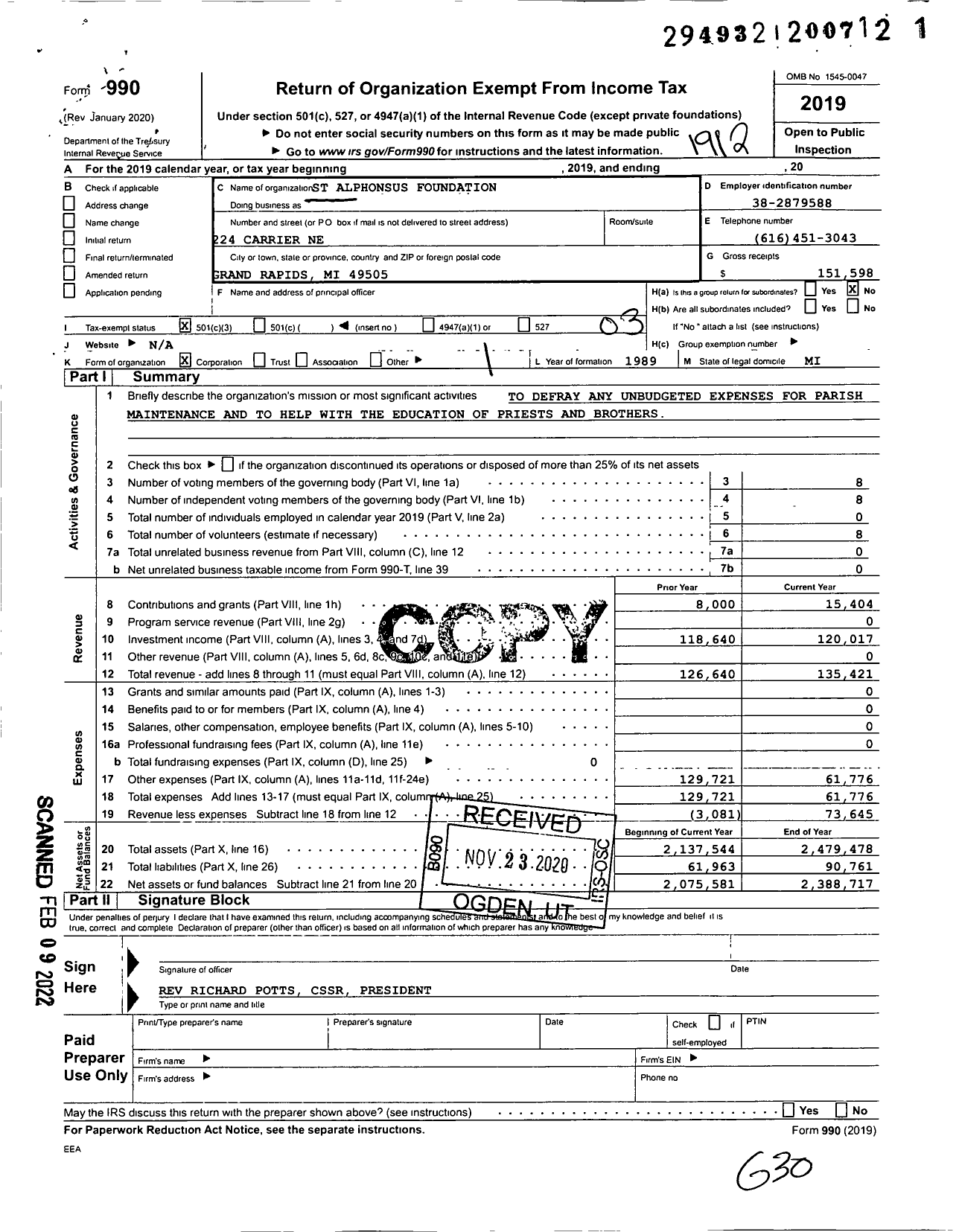 Image of first page of 2019 Form 990 for St Alphonsus Foundation