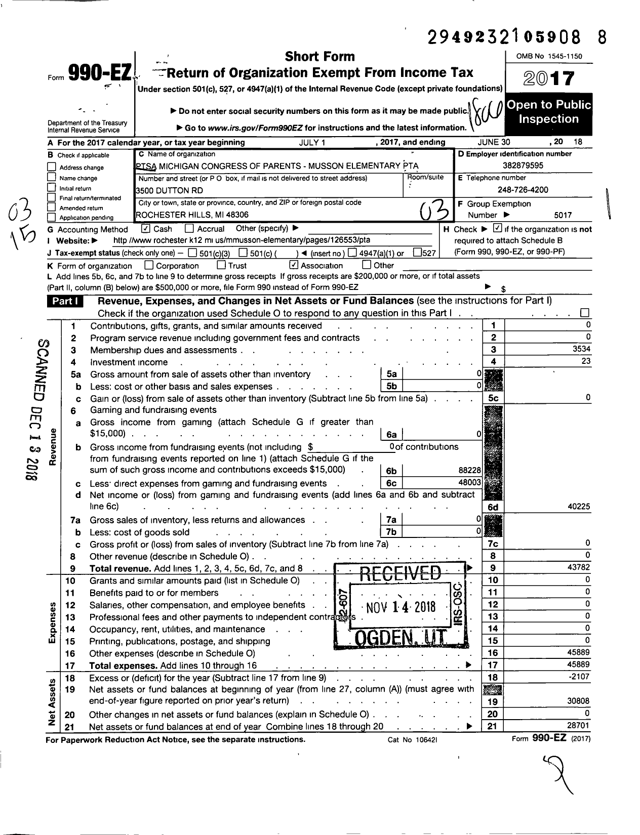 Image of first page of 2017 Form 990EZ for Ptsa Michigan Congress of Parents Teachers and Students / Musson Elementary PTA
