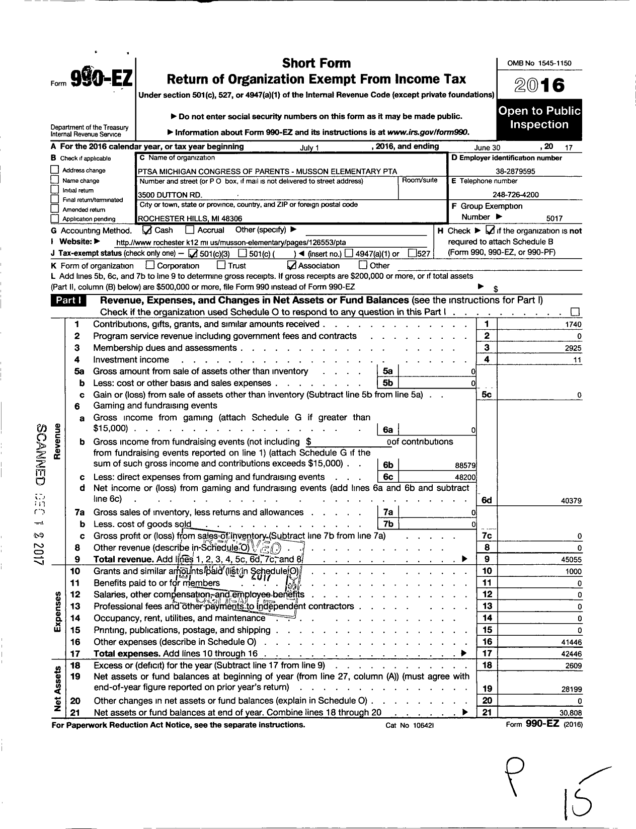 Image of first page of 2016 Form 990EZ for Ptsa Michigan Congress of Parents Teachers and Students / Musson Elementary PTA