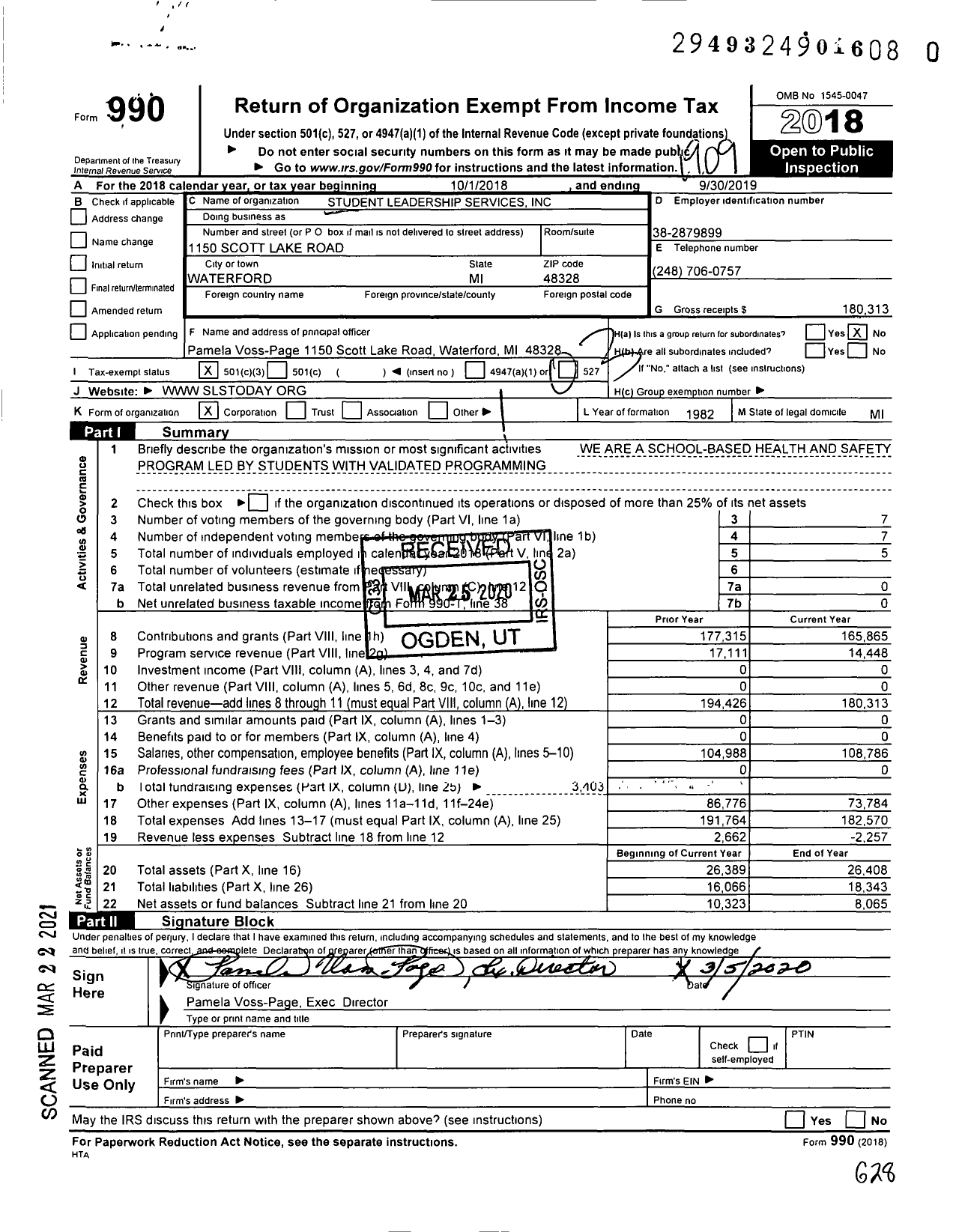 Image of first page of 2018 Form 990 for Student Leadership Services