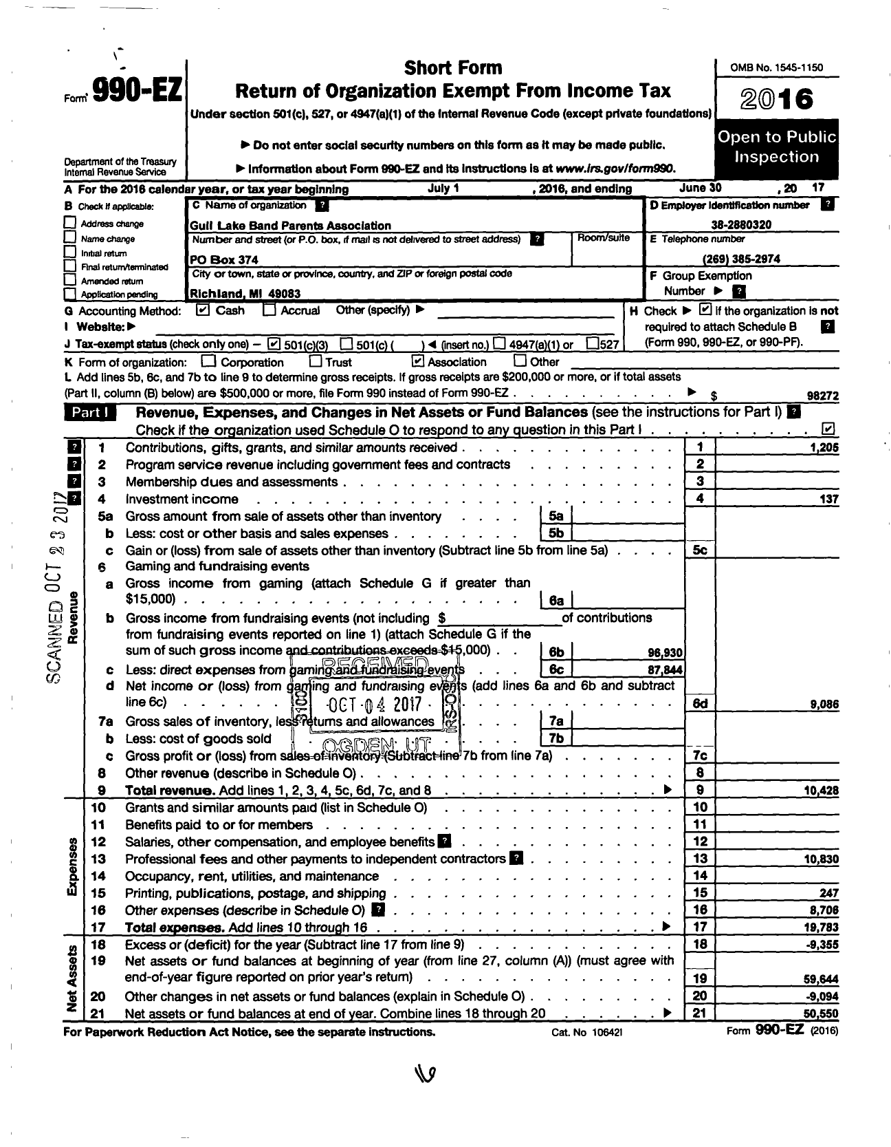 Image of first page of 2016 Form 990EZ for Gull Lake Band Parents Association