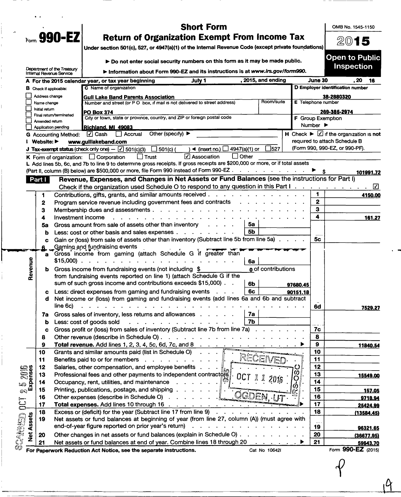 Image of first page of 2015 Form 990EZ for Gull Lake Band Parents Association