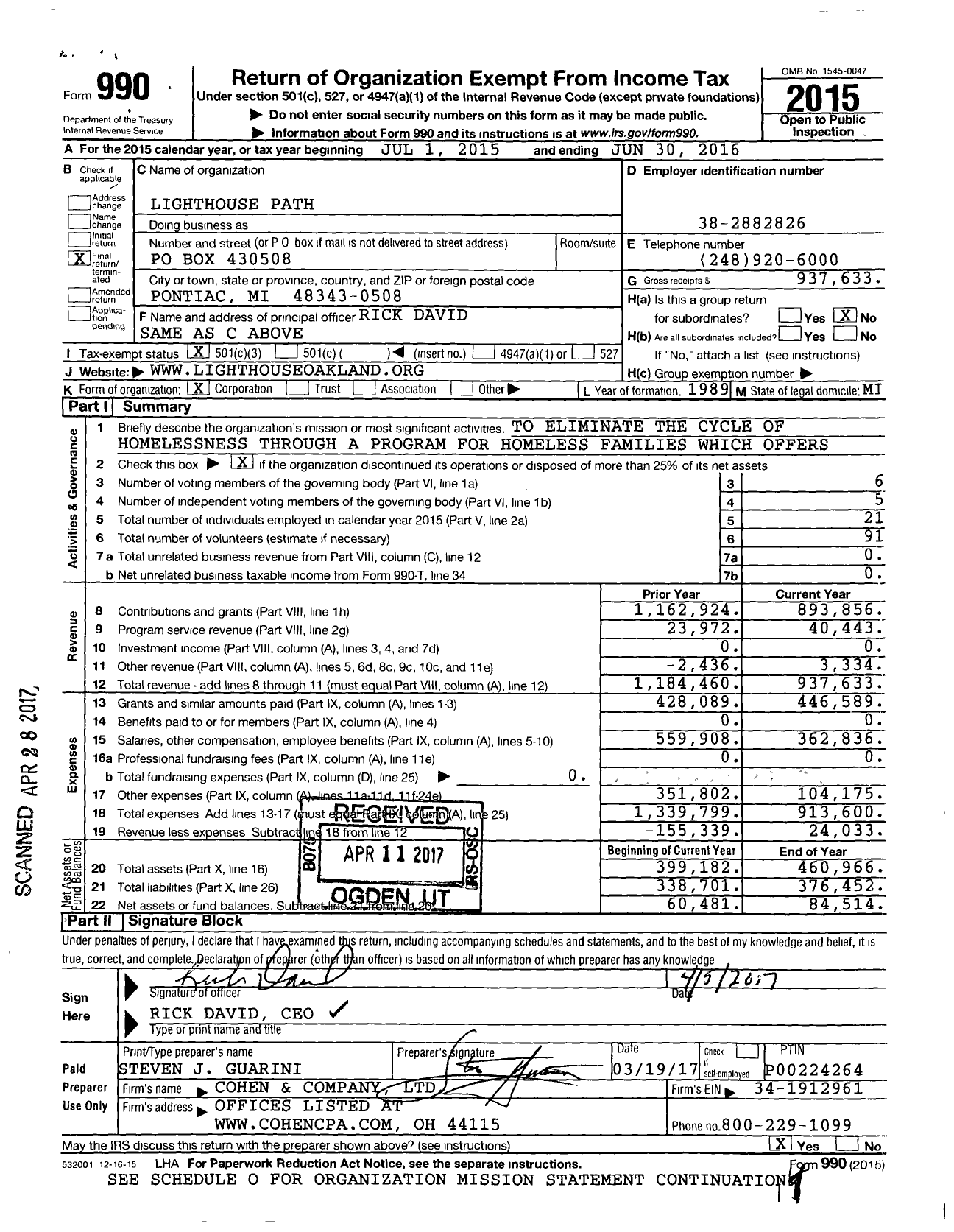 Image of first page of 2015 Form 990 for Lighthouse Path