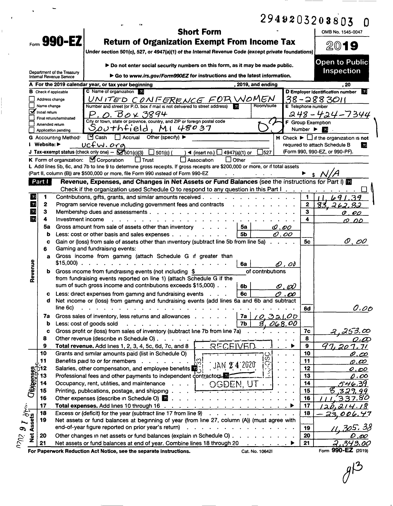 Image of first page of 2019 Form 990EZ for The United Conference for Women
