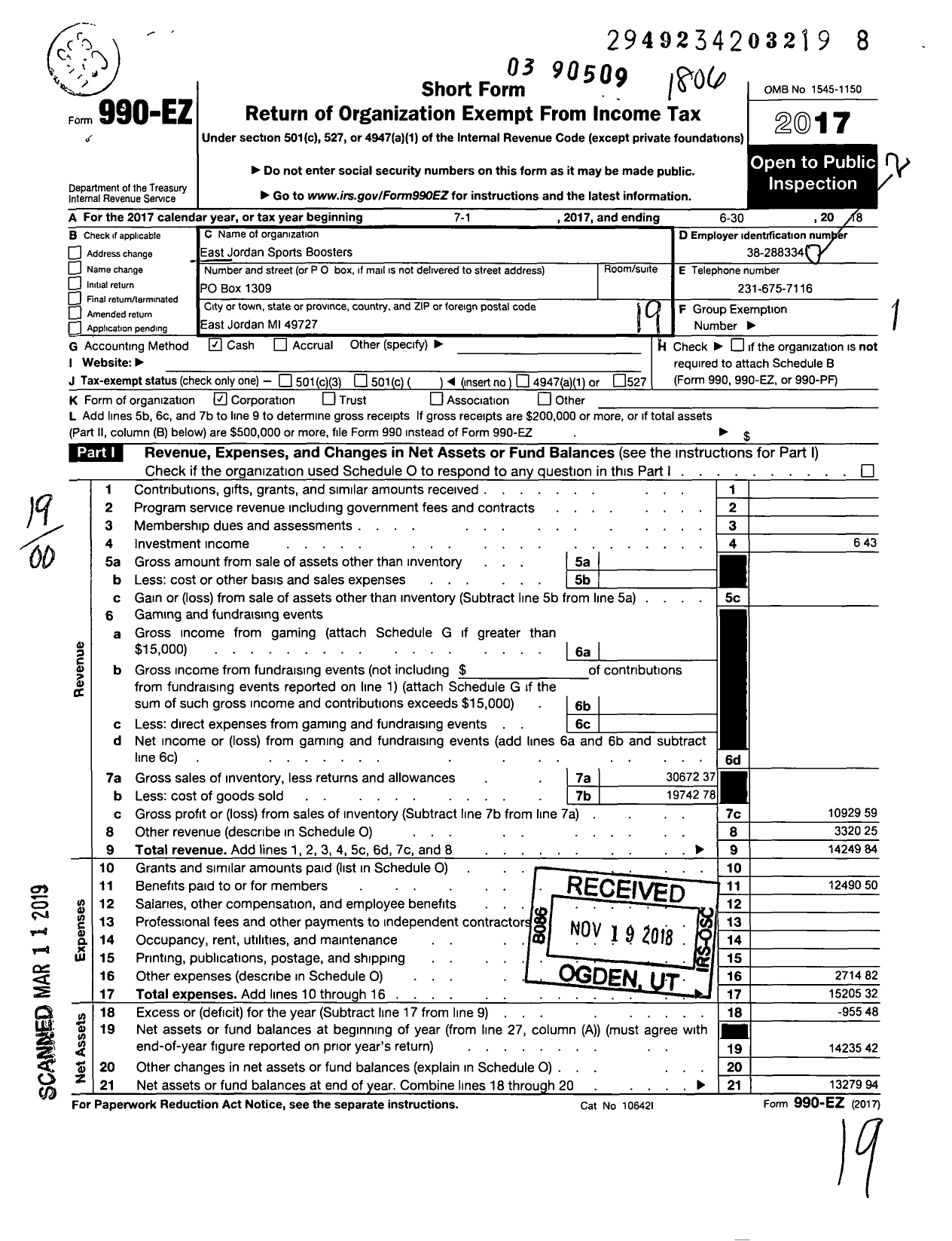 Image of first page of 2017 Form 990EO for East Jordan Sports Boosters