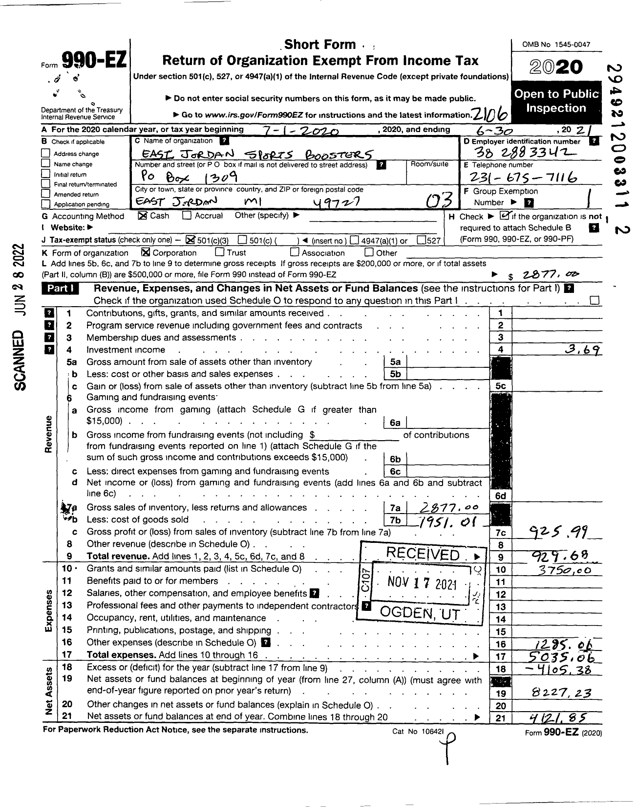 Image of first page of 2020 Form 990EZ for East Jordan Sports Boosters