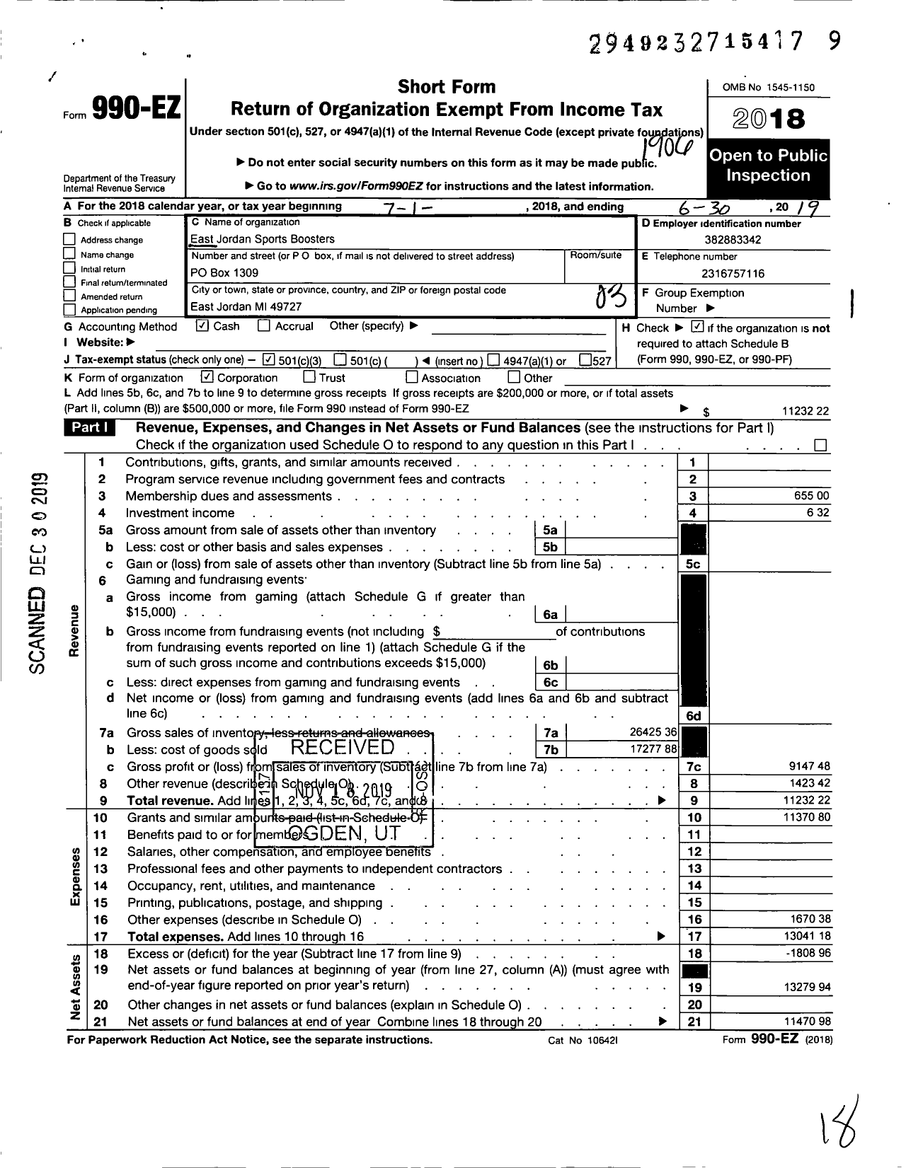 Image of first page of 2018 Form 990EZ for East Jordan Sports Boosters