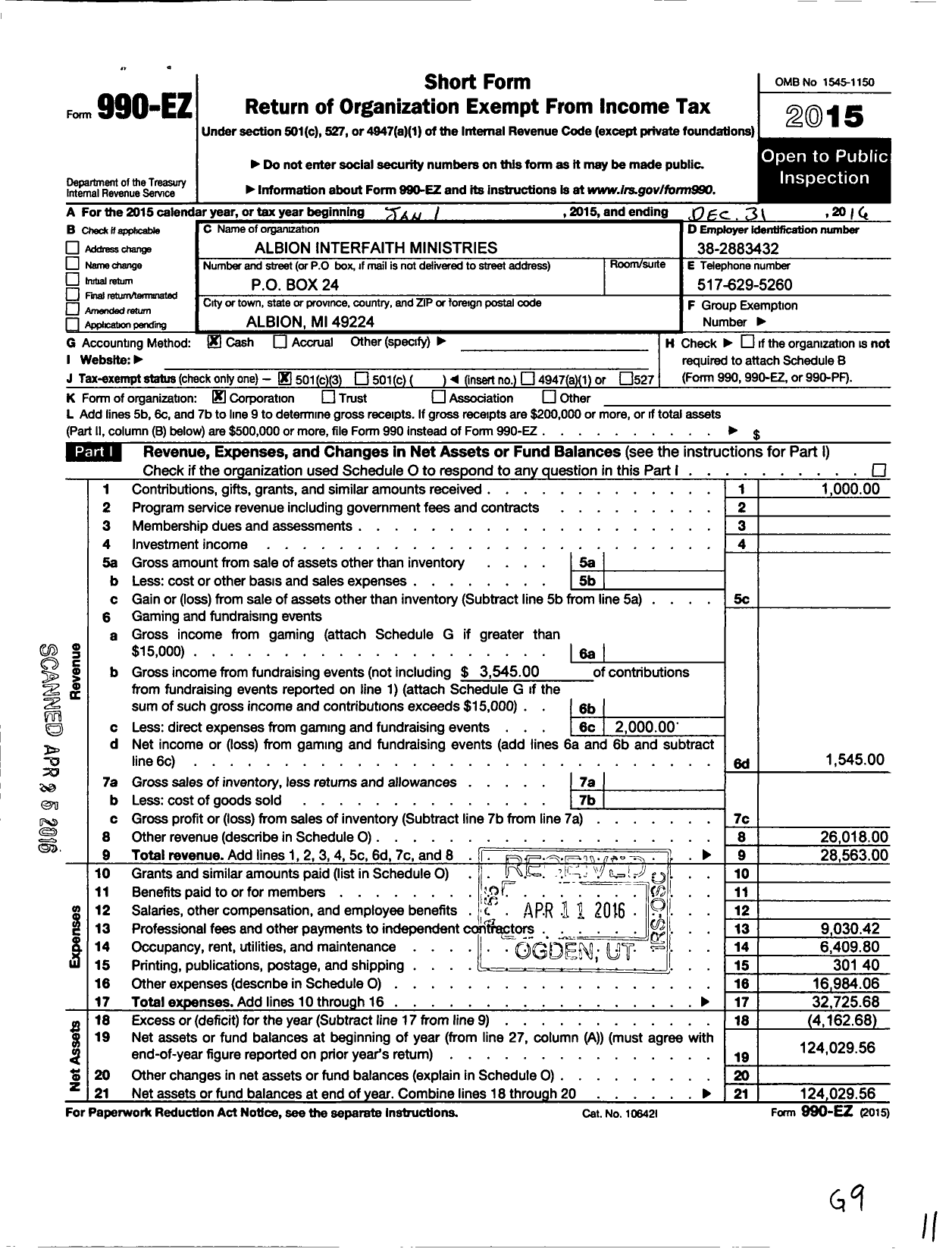 Image of first page of 2016 Form 990EZ for Albion Interfaith Ministries