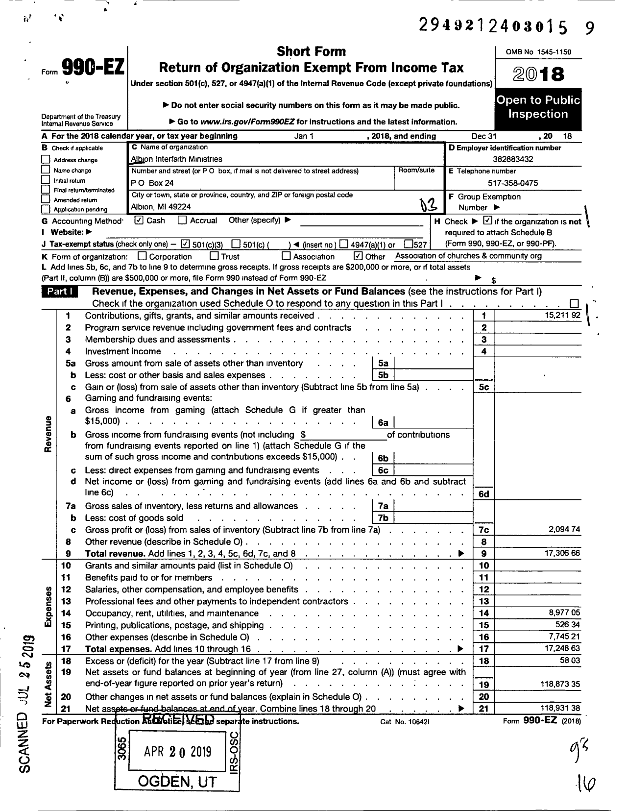 Image of first page of 2018 Form 990EZ for Albion Interfaith Ministries