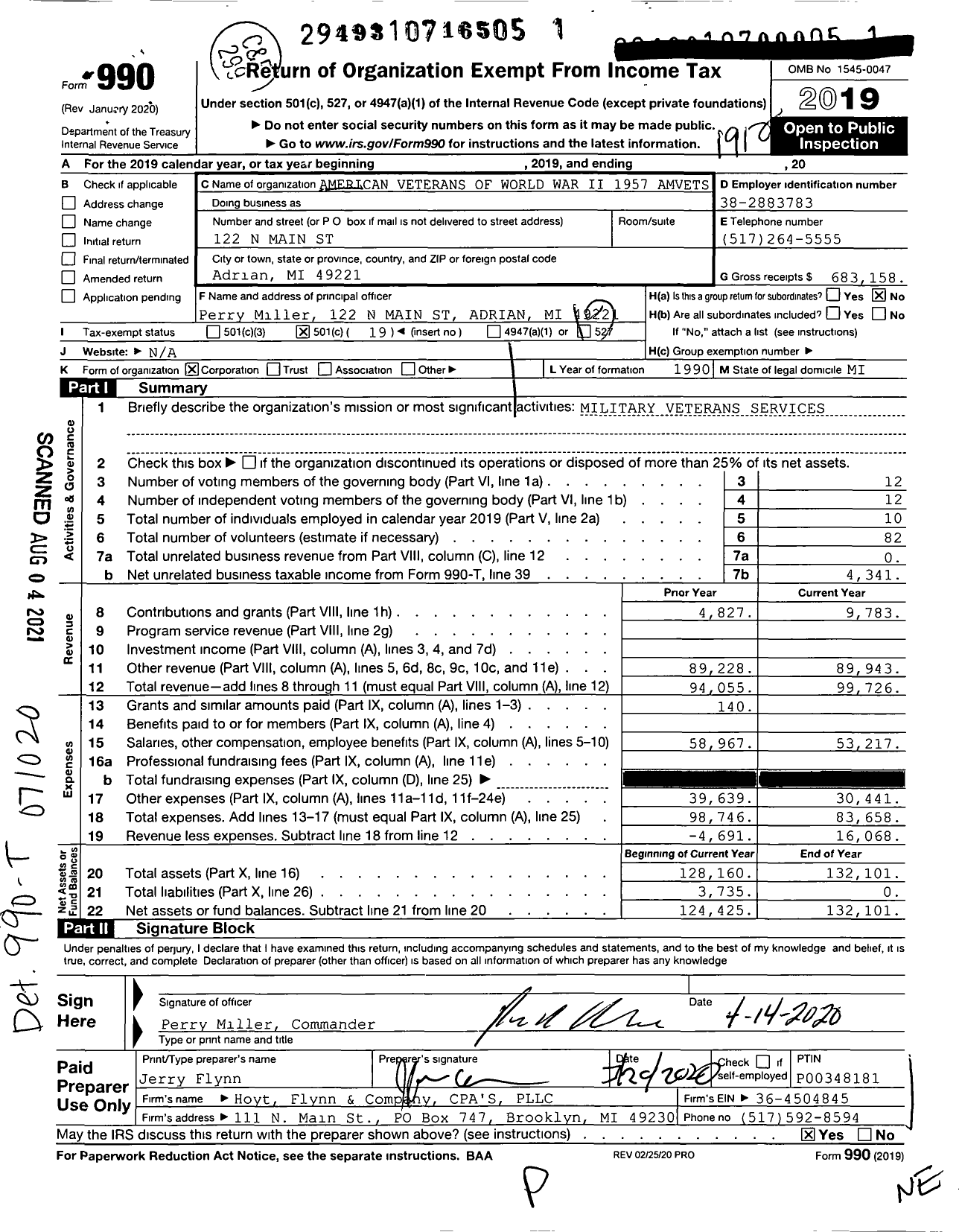 Image of first page of 2019 Form 990O for Amvets - 1957 Mi