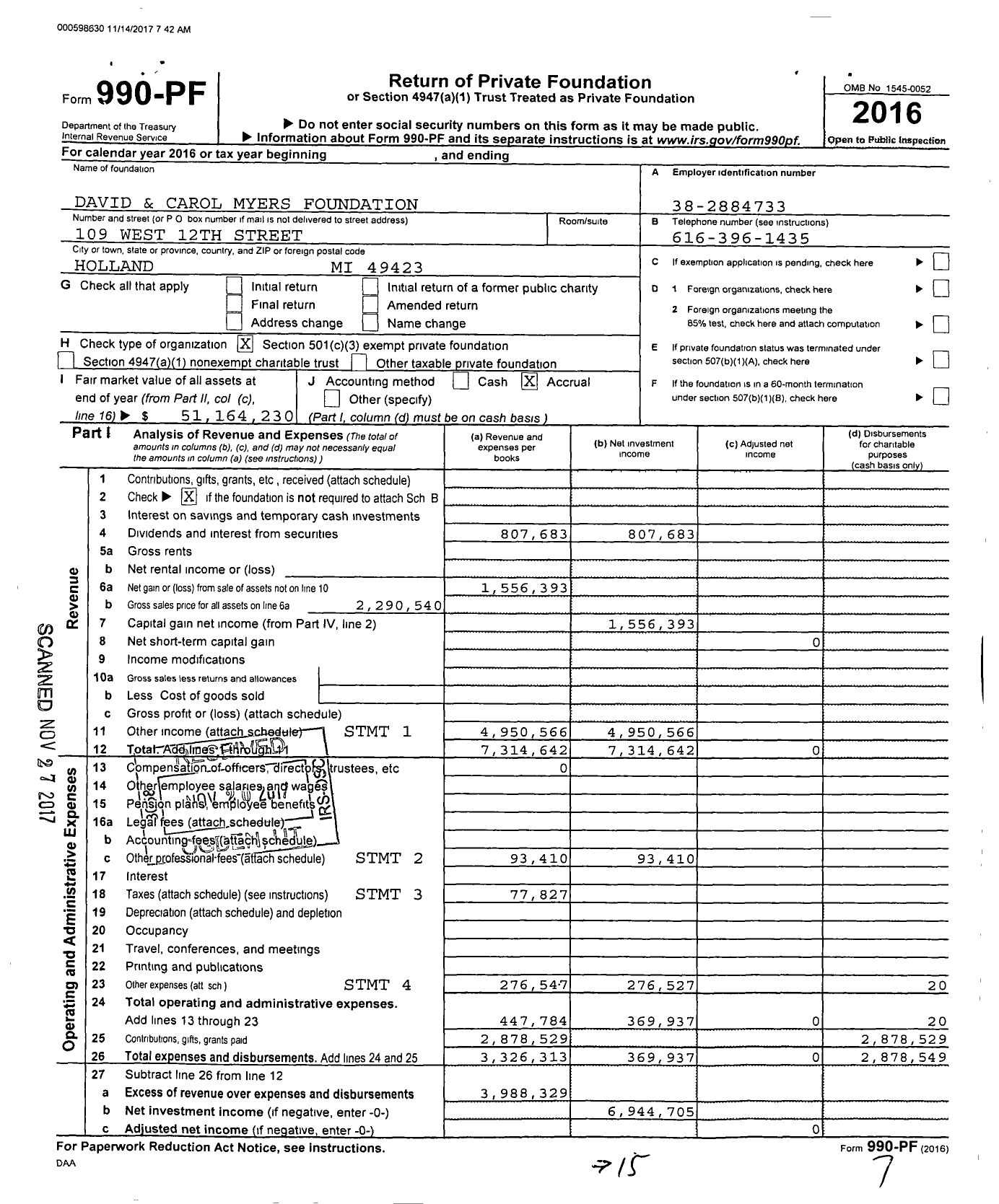 Image of first page of 2016 Form 990PF for David and Carol Myers Foundation