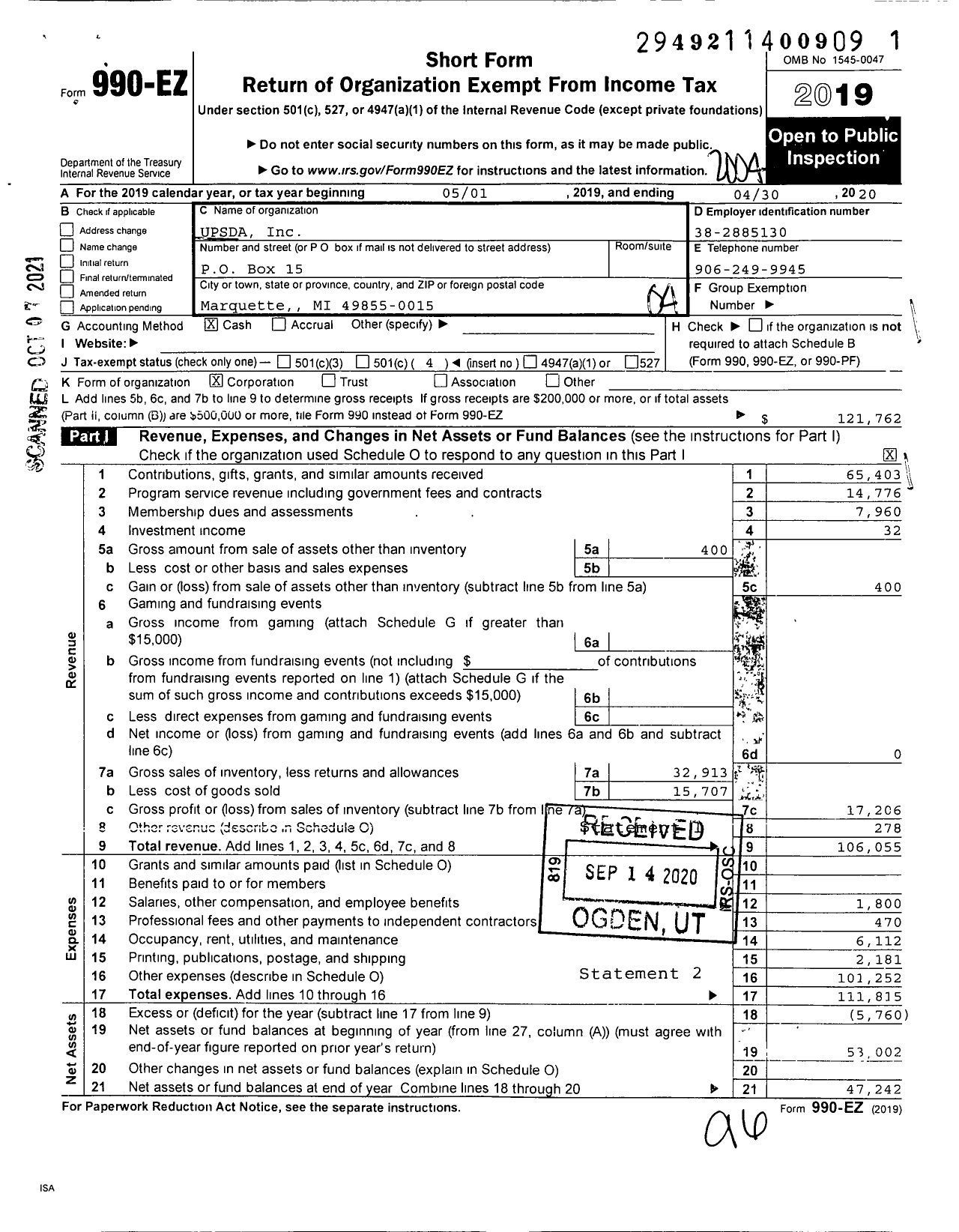 Image of first page of 2019 Form 990EO for Upsda