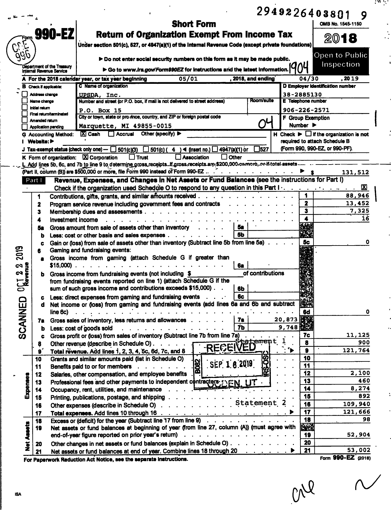 Image of first page of 2018 Form 990EO for Upsda