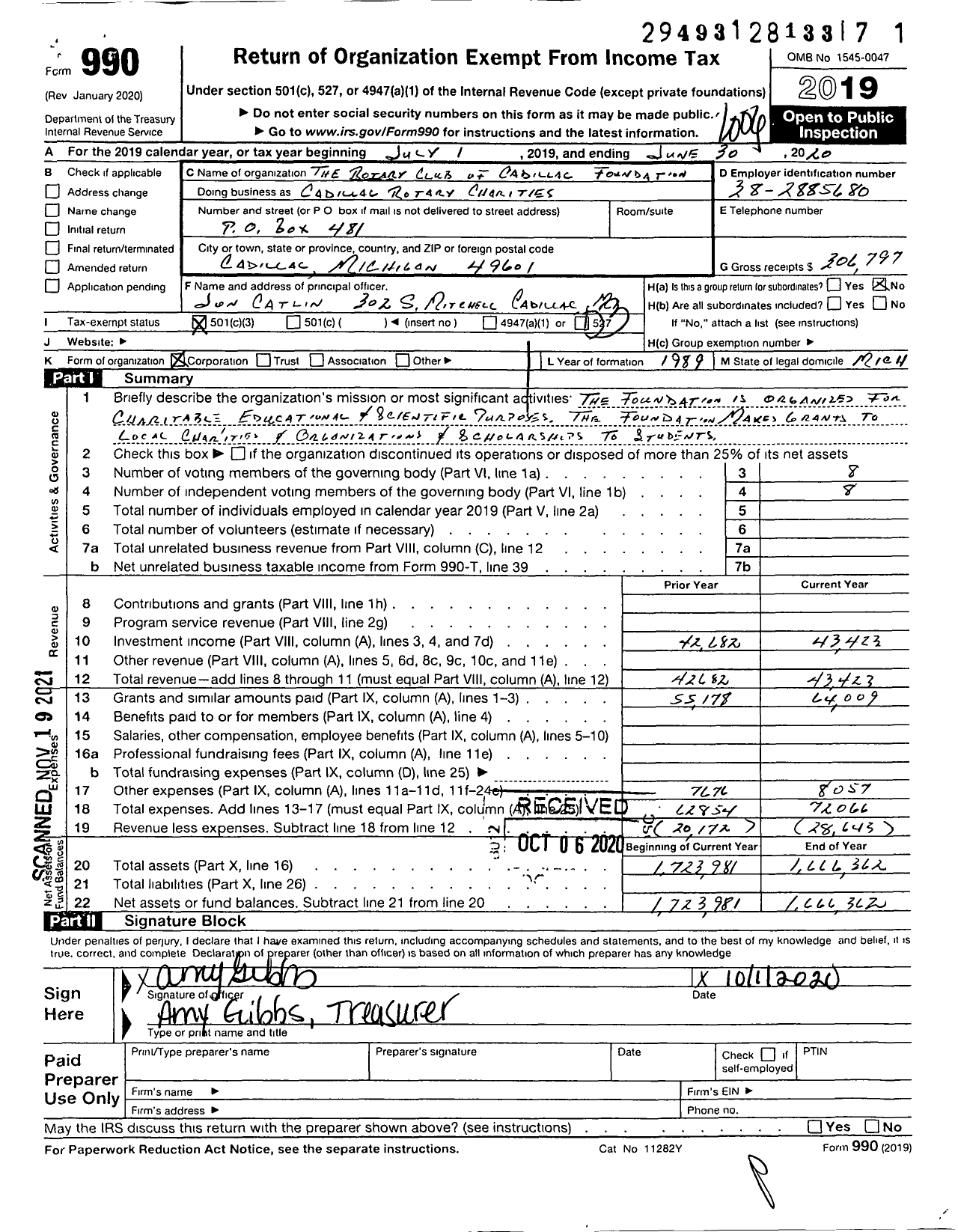 Image of first page of 2019 Form 990 for Cadillac Rotary Charities