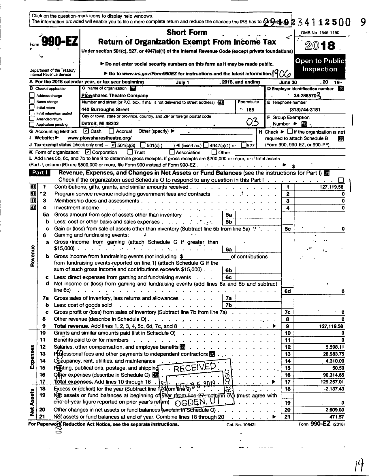 Image of first page of 2018 Form 990EZ for Plowshares Theatre Company