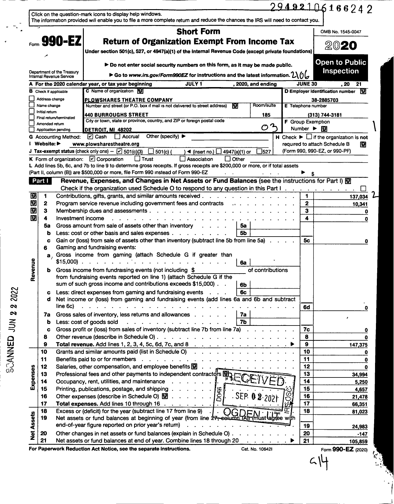 Image of first page of 2020 Form 990EZ for Plowshares Theatre Company