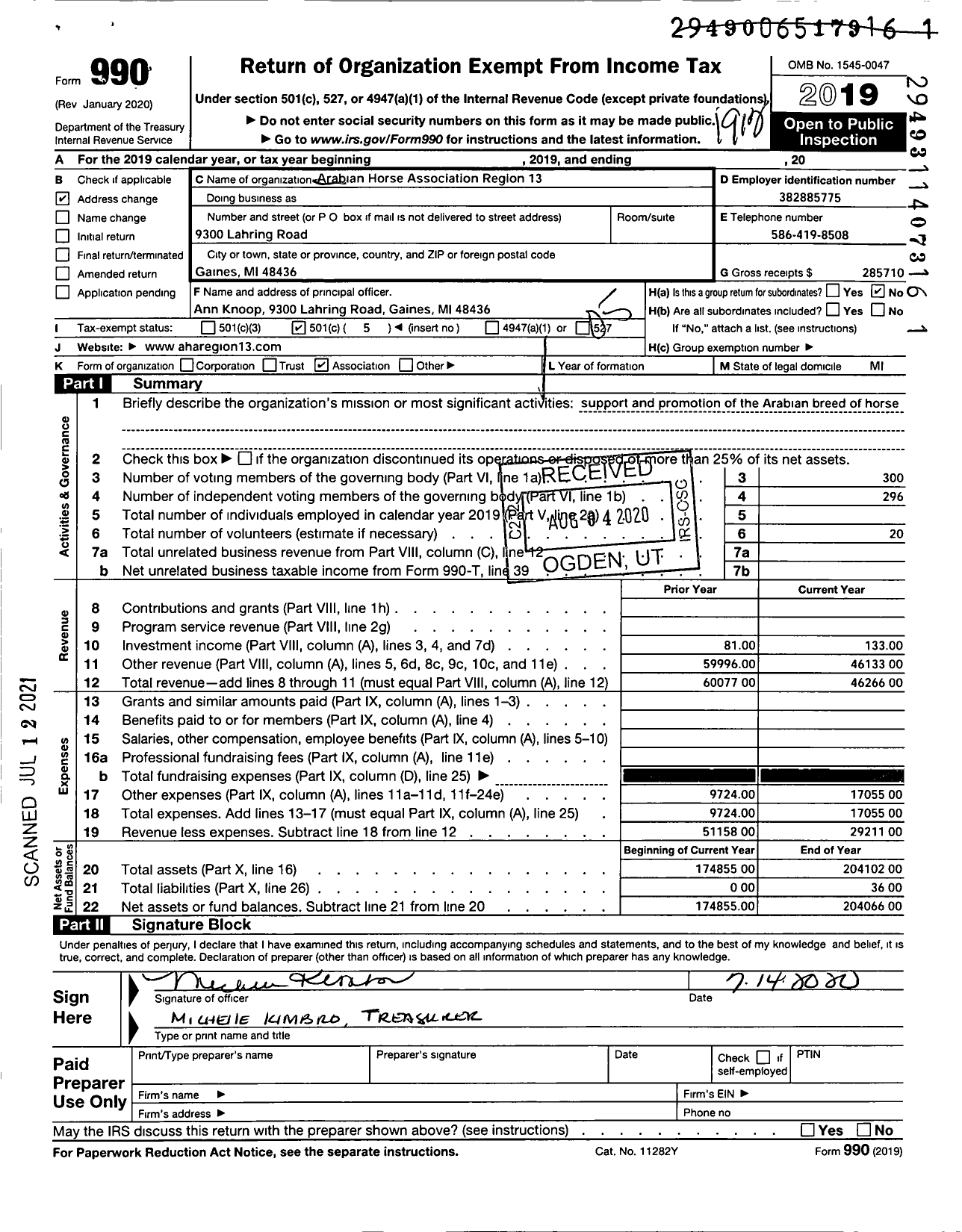 Image of first page of 2019 Form 990O for Arabian Horse Association Region 13