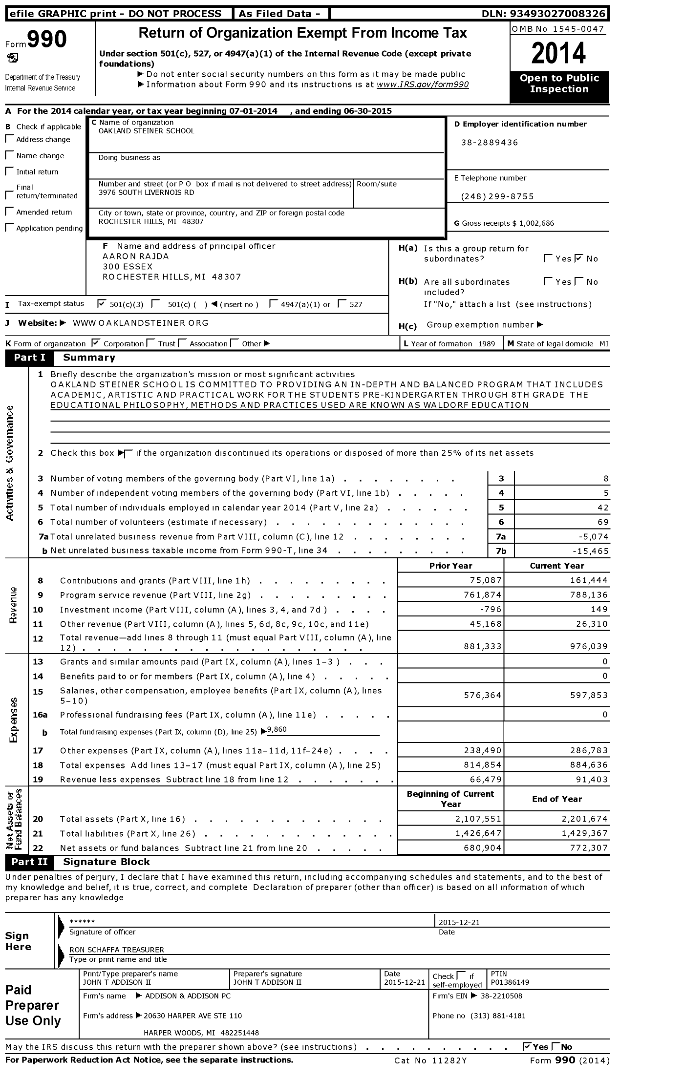 Image of first page of 2014 Form 990 for Oakland Steiner School