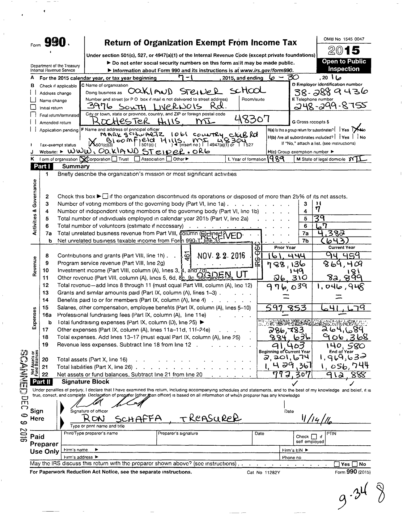 Image of first page of 2015 Form 990 for Oakland Steiner School