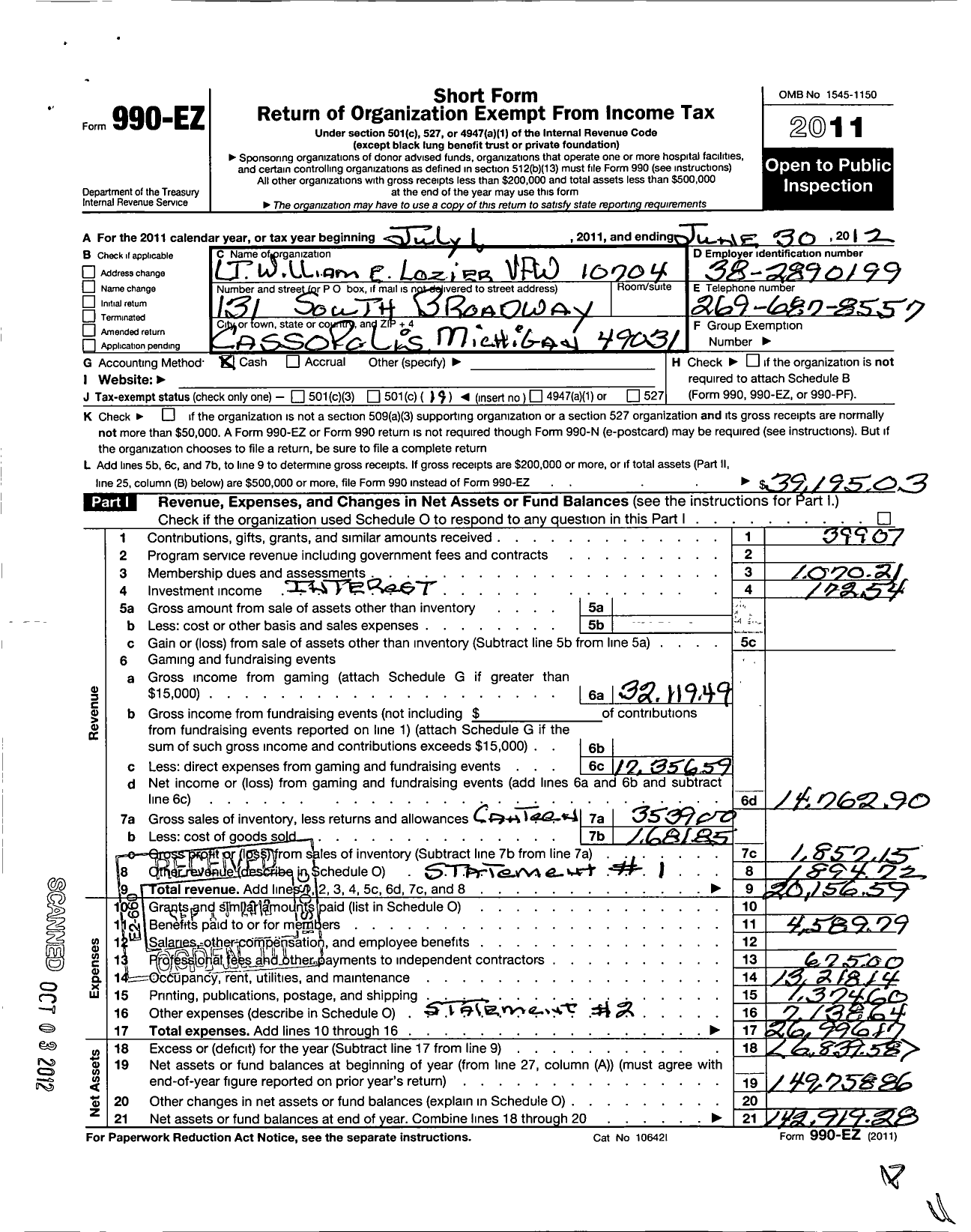 Image of first page of 2011 Form 990EO for VFW Department of Michigan - Dist 7 10704 William E Lozier