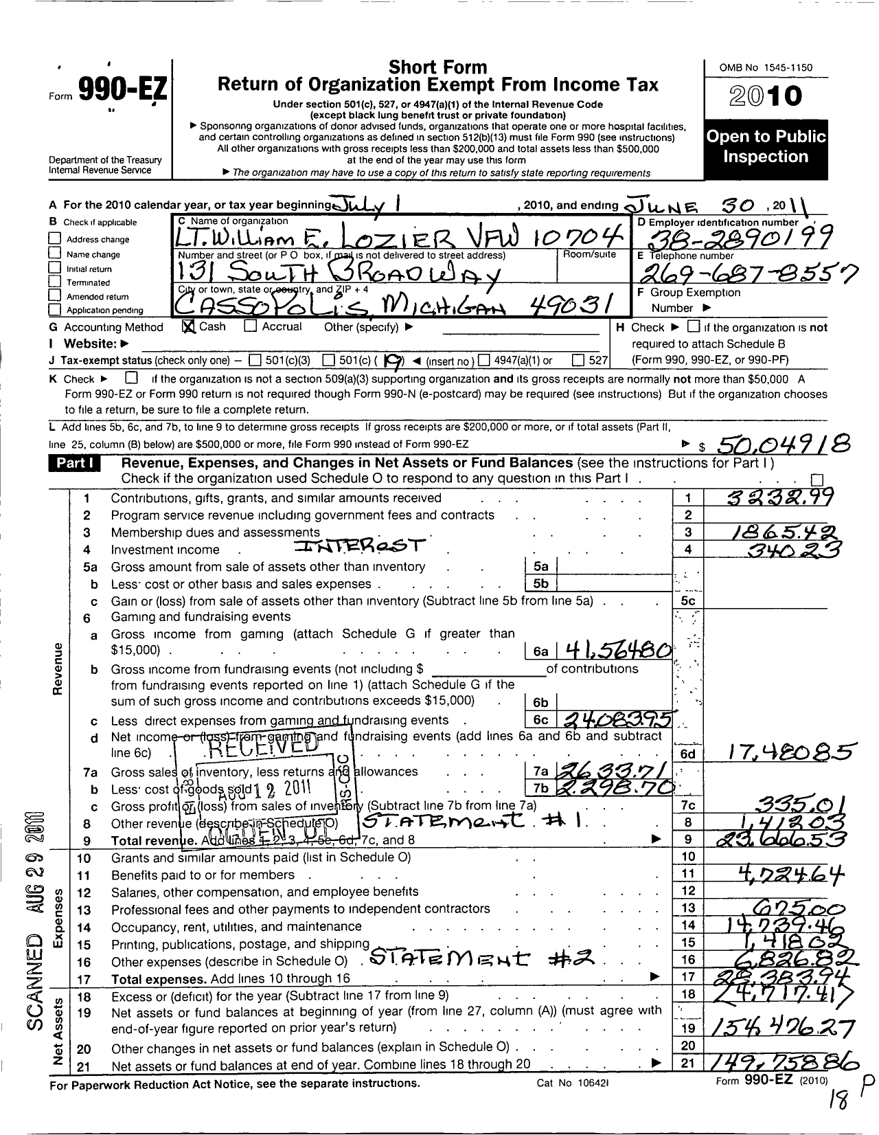 Image of first page of 2010 Form 990EO for VFW Department of Michigan - Dist 7 10704 William E Lozier