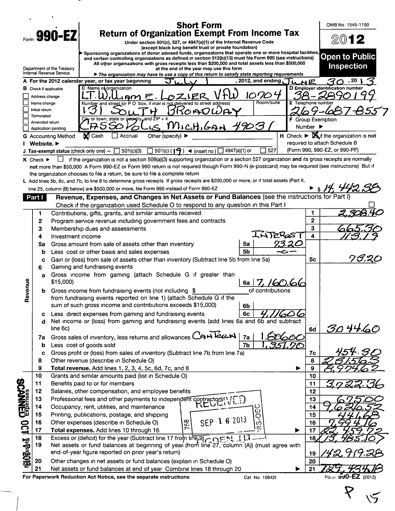 Image of first page of 2012 Form 990EO for VFW Department of Michigan - Dist 7 10704 William E Lozier