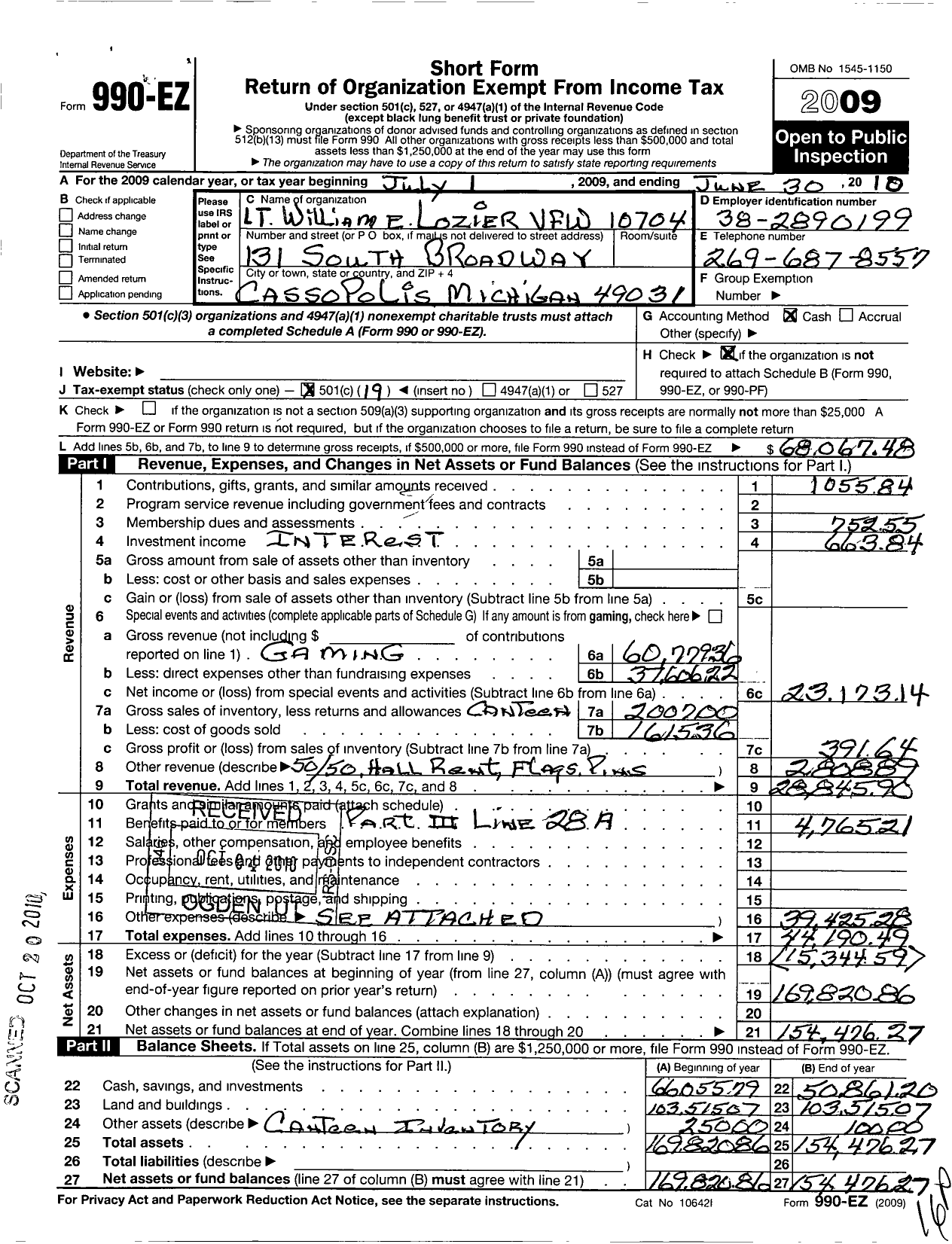 Image of first page of 2009 Form 990EO for VFW Department of Michigan - Dist 7 10704 William E Lozier