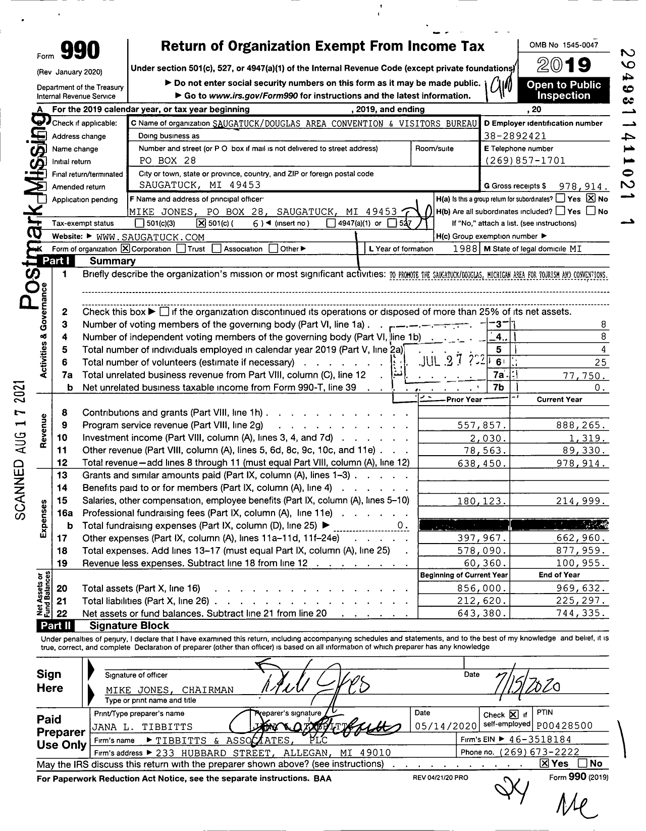 Image of first page of 2019 Form 990O for Saugatuckdouglas Area Convention and Visitors Bureau