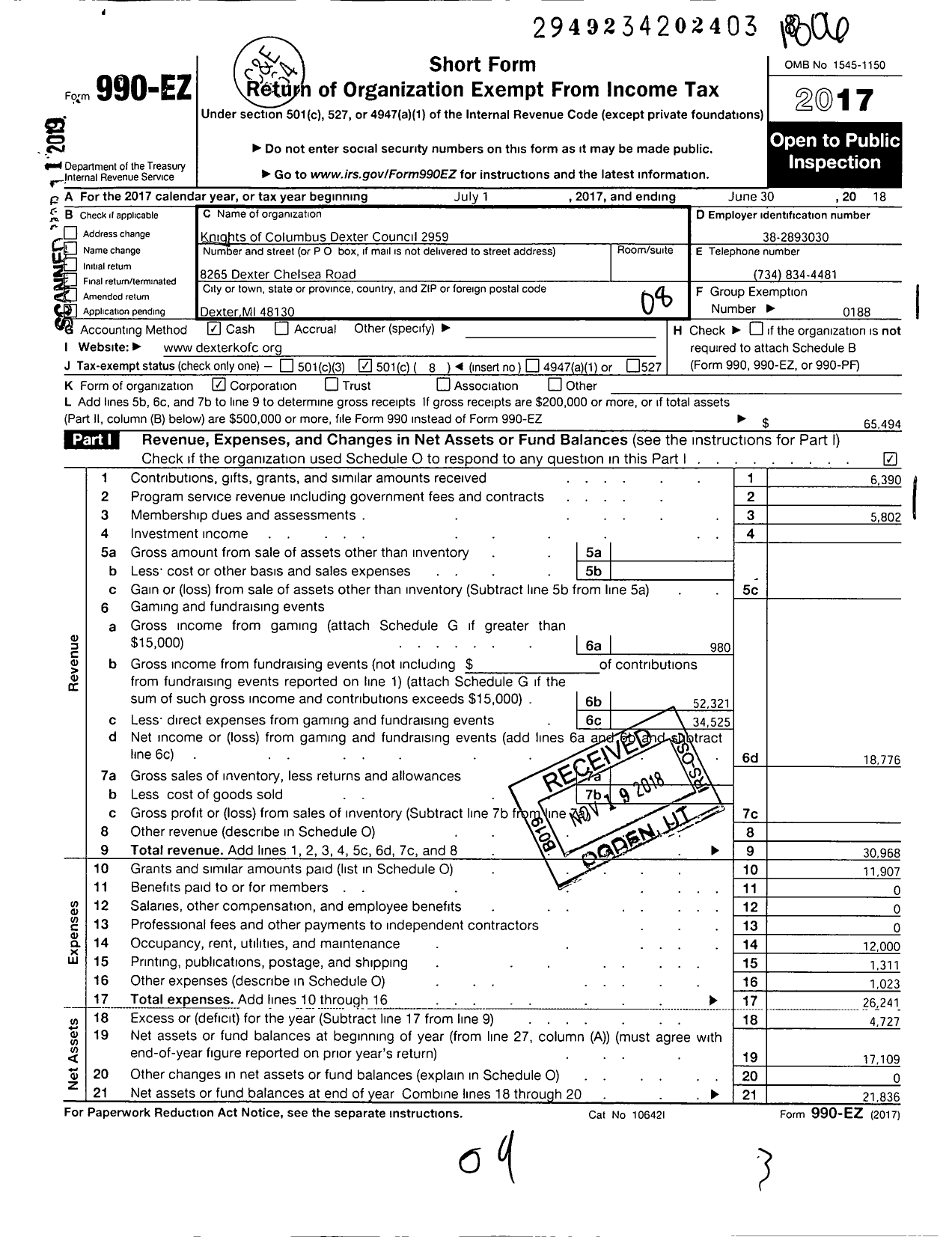 Image of first page of 2017 Form 990EO for Knights of Columbus - 2959 Dexter Council