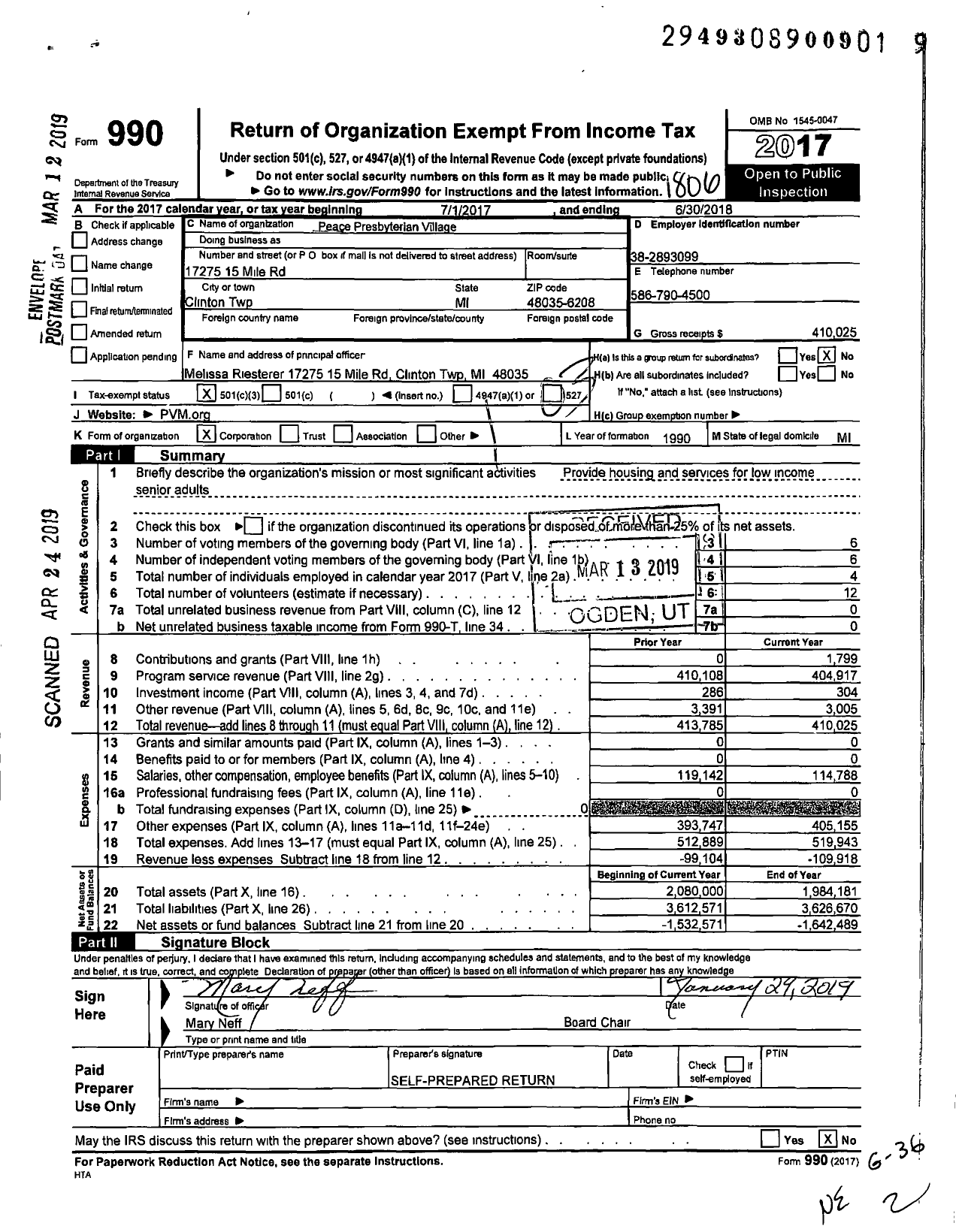 Image of first page of 2017 Form 990 for Peace Presbyterian Village