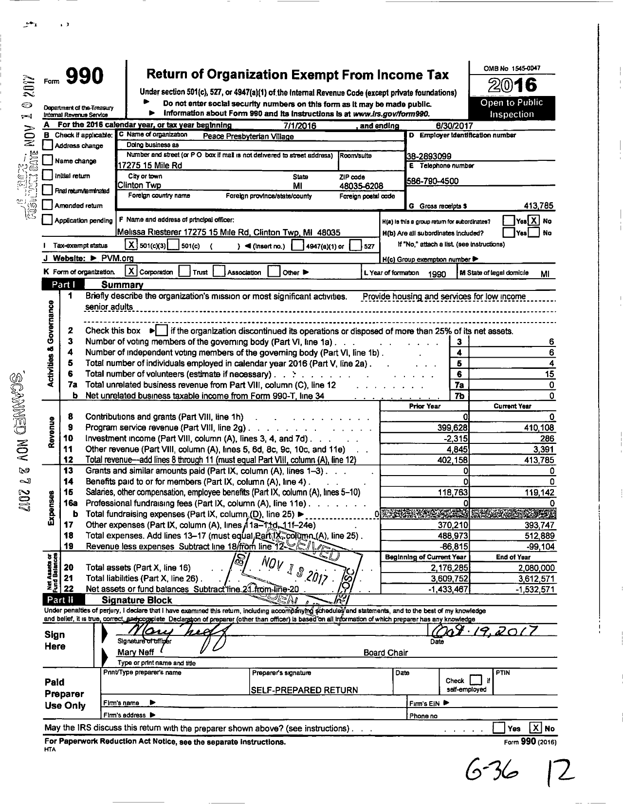 Image of first page of 2016 Form 990 for Peace Presbyterian Village