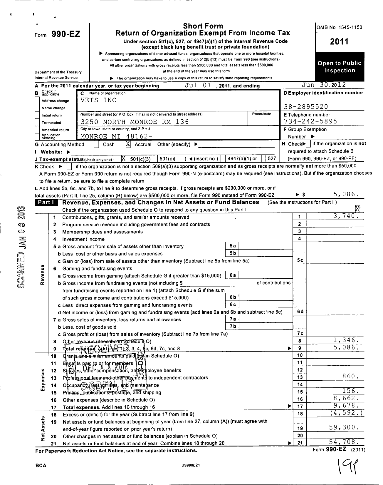 Image of first page of 2011 Form 990EZ for Vets Incorporated